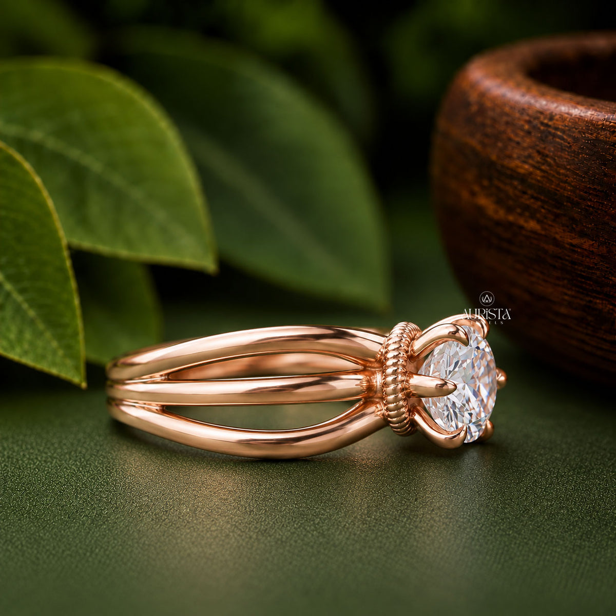 Round Cut Lab Grown Diamond Engagement Ring, Multi-Band Rose Gold Wedding Ring