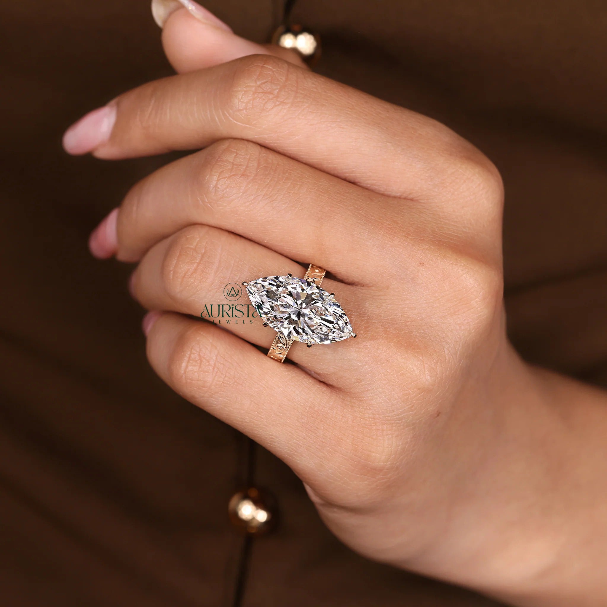 10 Carat Marquise Cut Diamond Solitaire Ring with Vintage Engraved Band