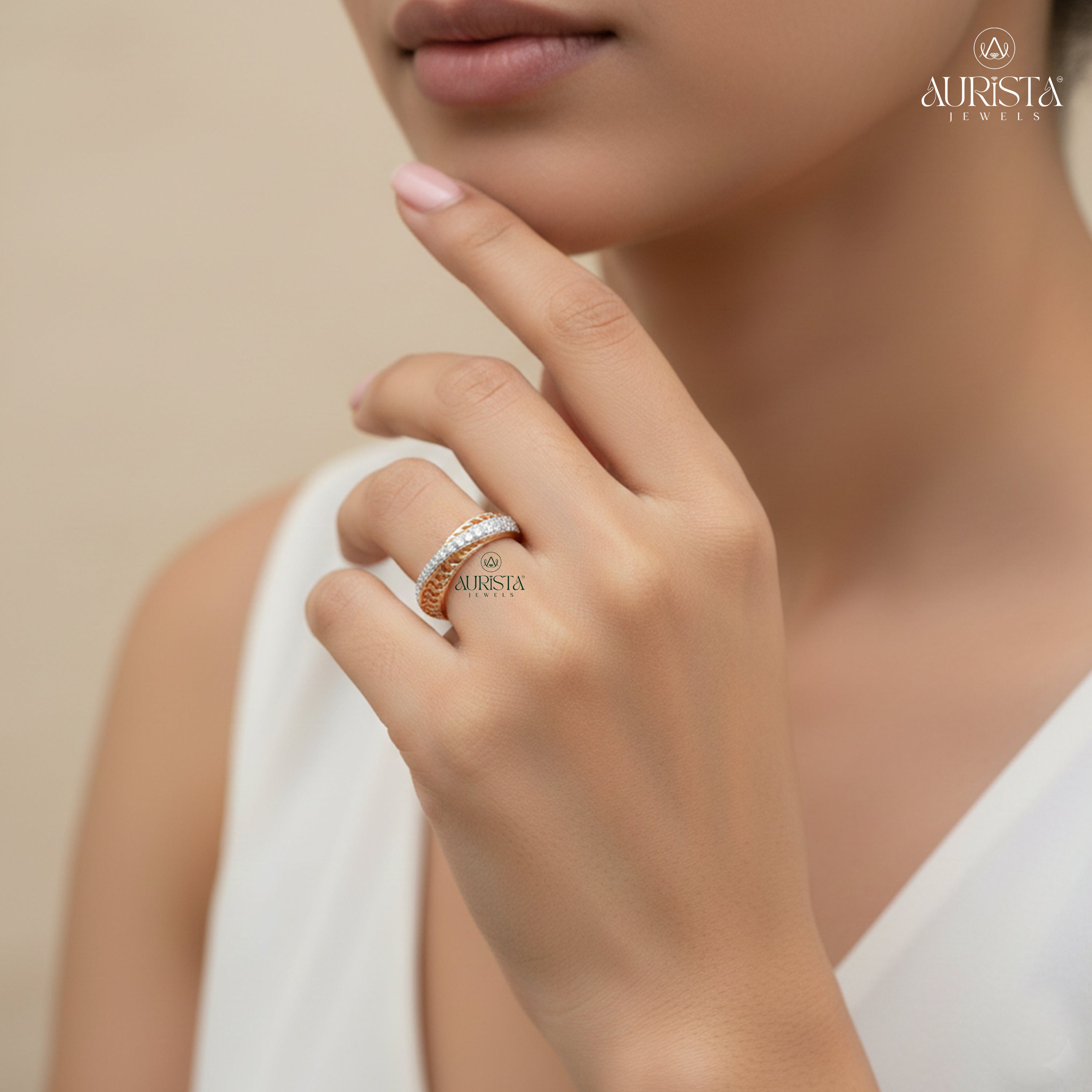 Round Cut Moissanite Diamond  Woven Texture Band Rose Gold Unique Anniversary Ring Gift