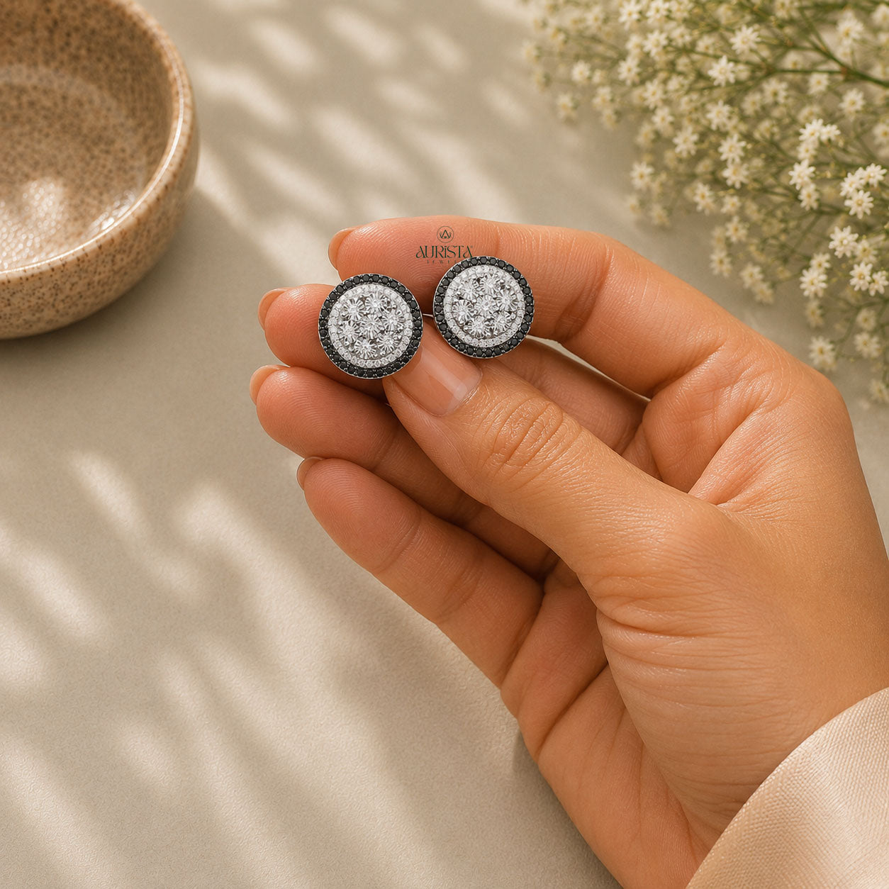 Iced Out Round Cluster Moissanite Hip Hop Stud Earrings with Black Accent Halo