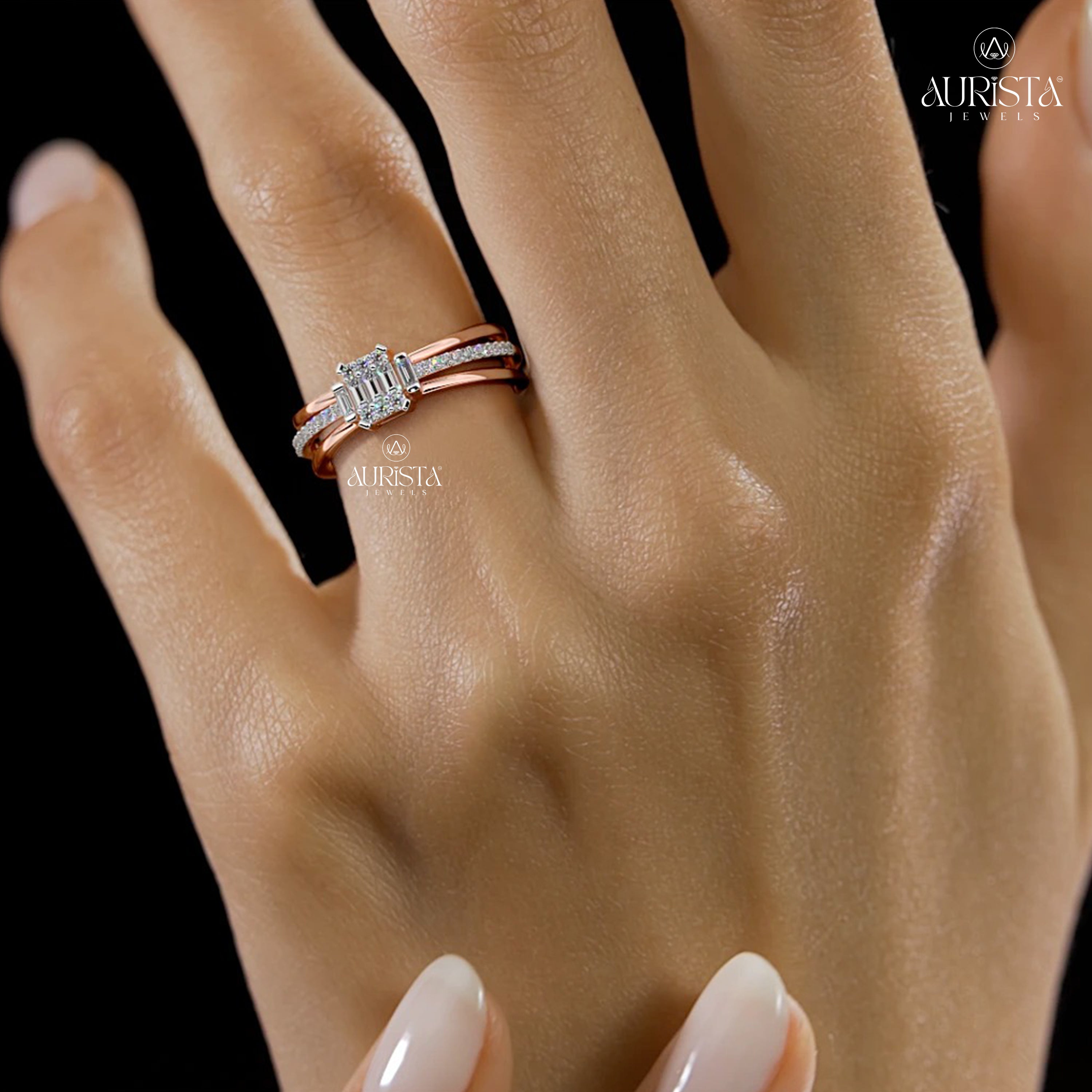 Baguette Moissanite Diamond Ring, Rose Gold Multi-Layer Band With Pave Accents