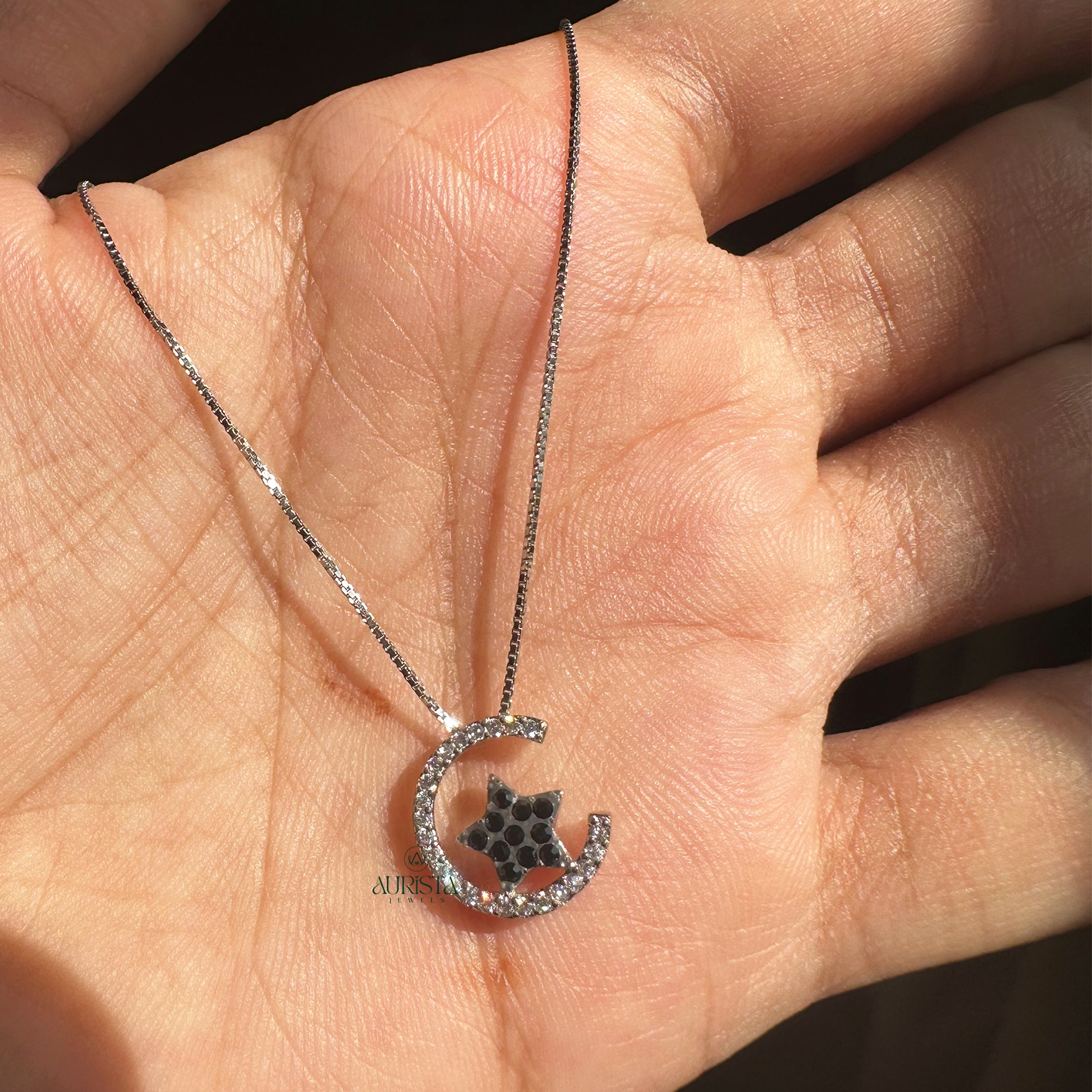 Pave Crescent Moon & Black Star Pendant
