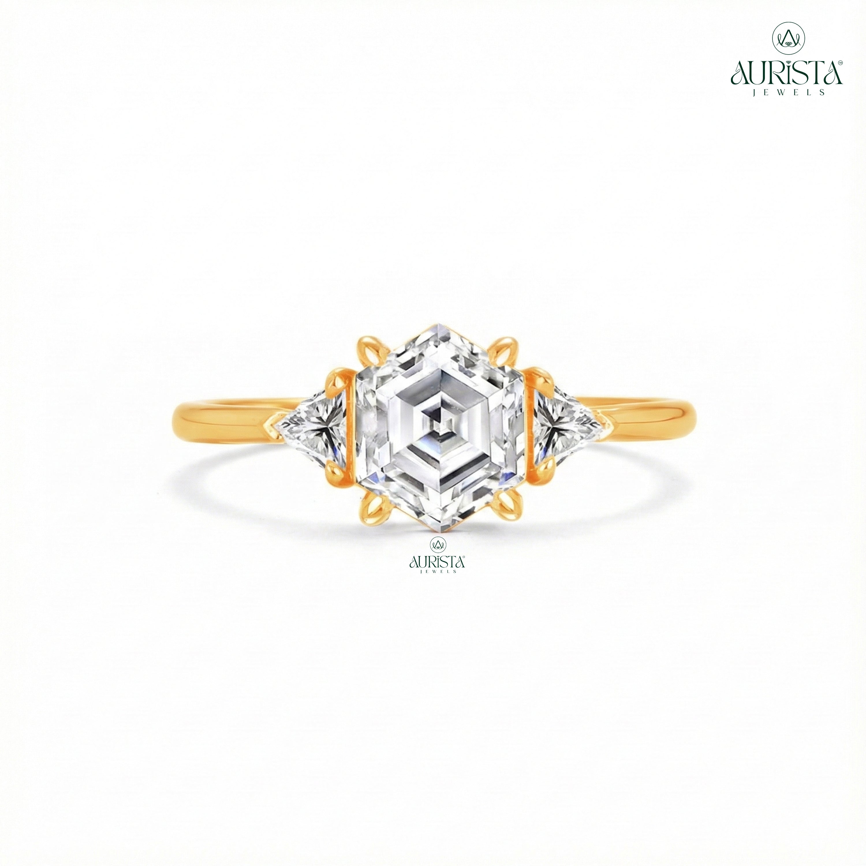 Hexagon Moissanite Diamond Ring, Rose Gold Three Stone Ring With Trillion Side Stones