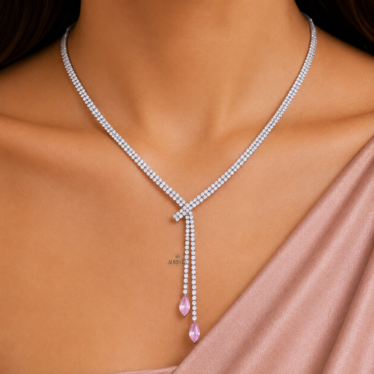 Elegant Moissanite Necklace and Earring Set with Round and Pink Marquise Accents