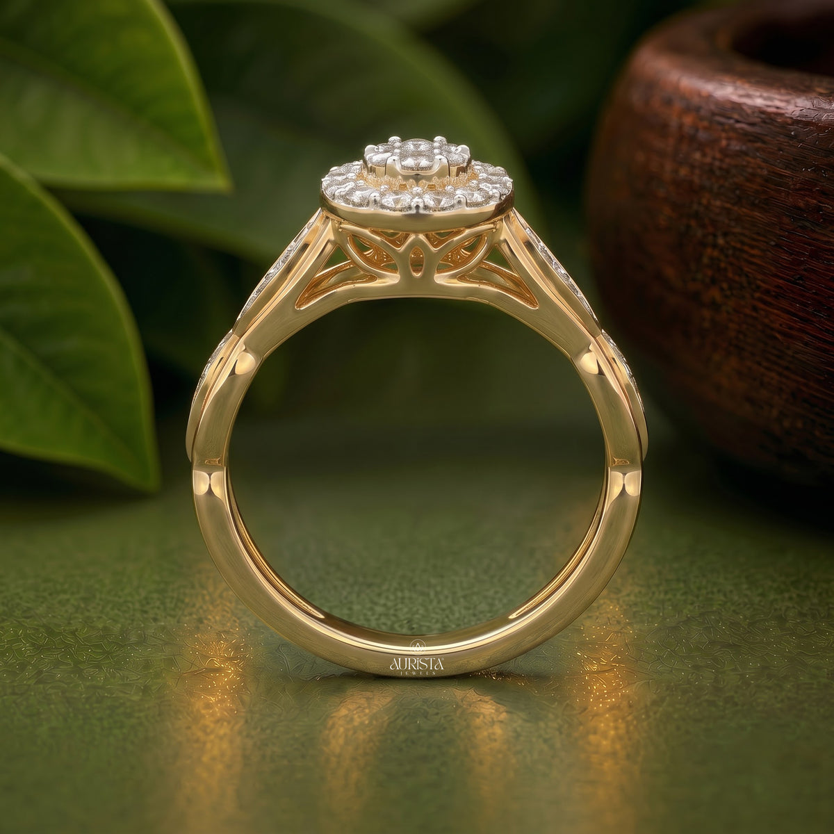 Round Lab Grown Diamond Flower Motif Statement Band In Yellow Gold Anniversary Gift
