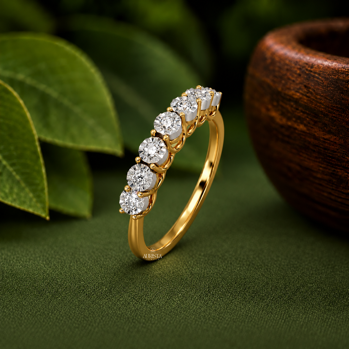 Round Moissanite Diamond Seven Stone Half Eternity Band In Solid  Yellow Gold Anniversary