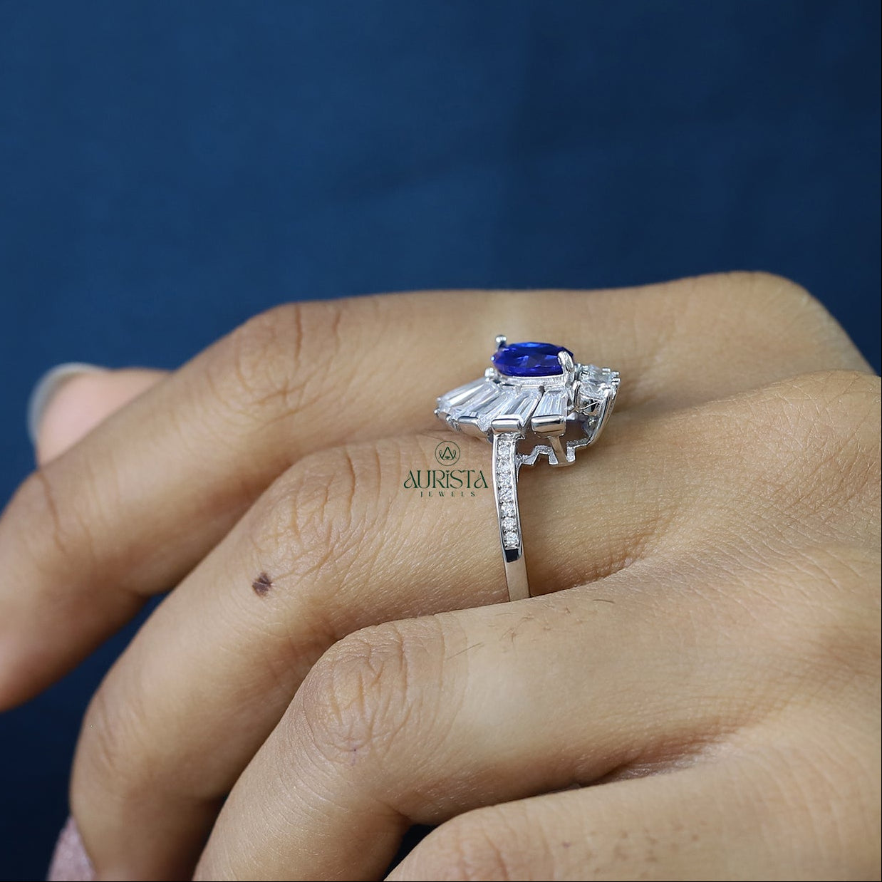 Marquise Blue Sapphire Ring Baguette and Round Moissanite Sunburst Statement Ring