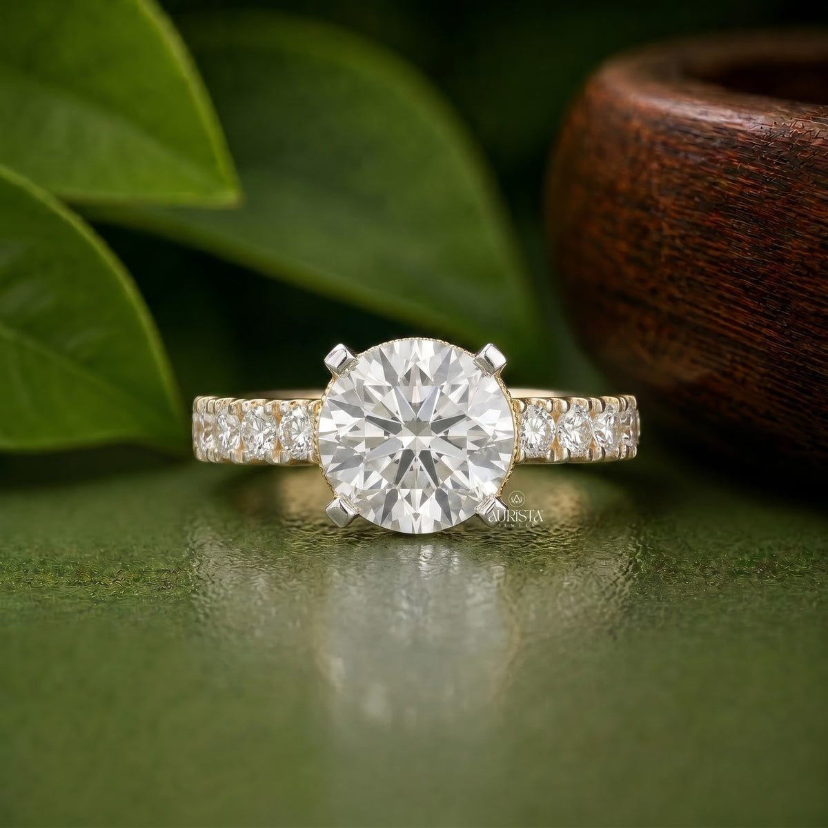 Round Moissanite Diamond Ring, Two-Tone Gold Engagement Ring With Pave Accents