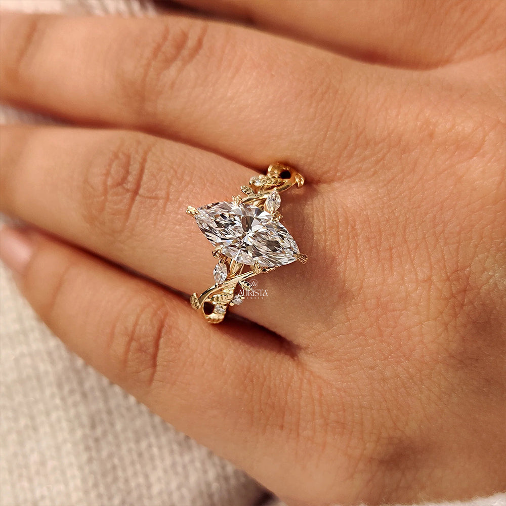 Marquise Moissanite Diamond Vintage Nature Inspired Vine & Leaf Bridal Engagement Ring