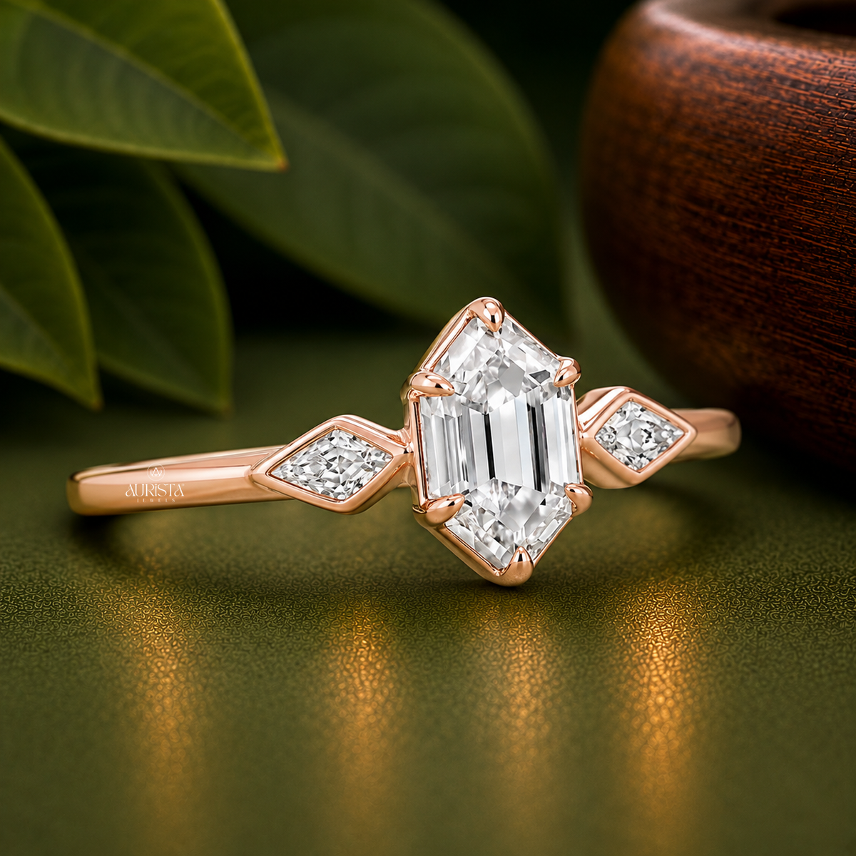 Hexagon Moissanite Diamond Ring, Rose Gold Three Stone Engagement Ring With Marquise