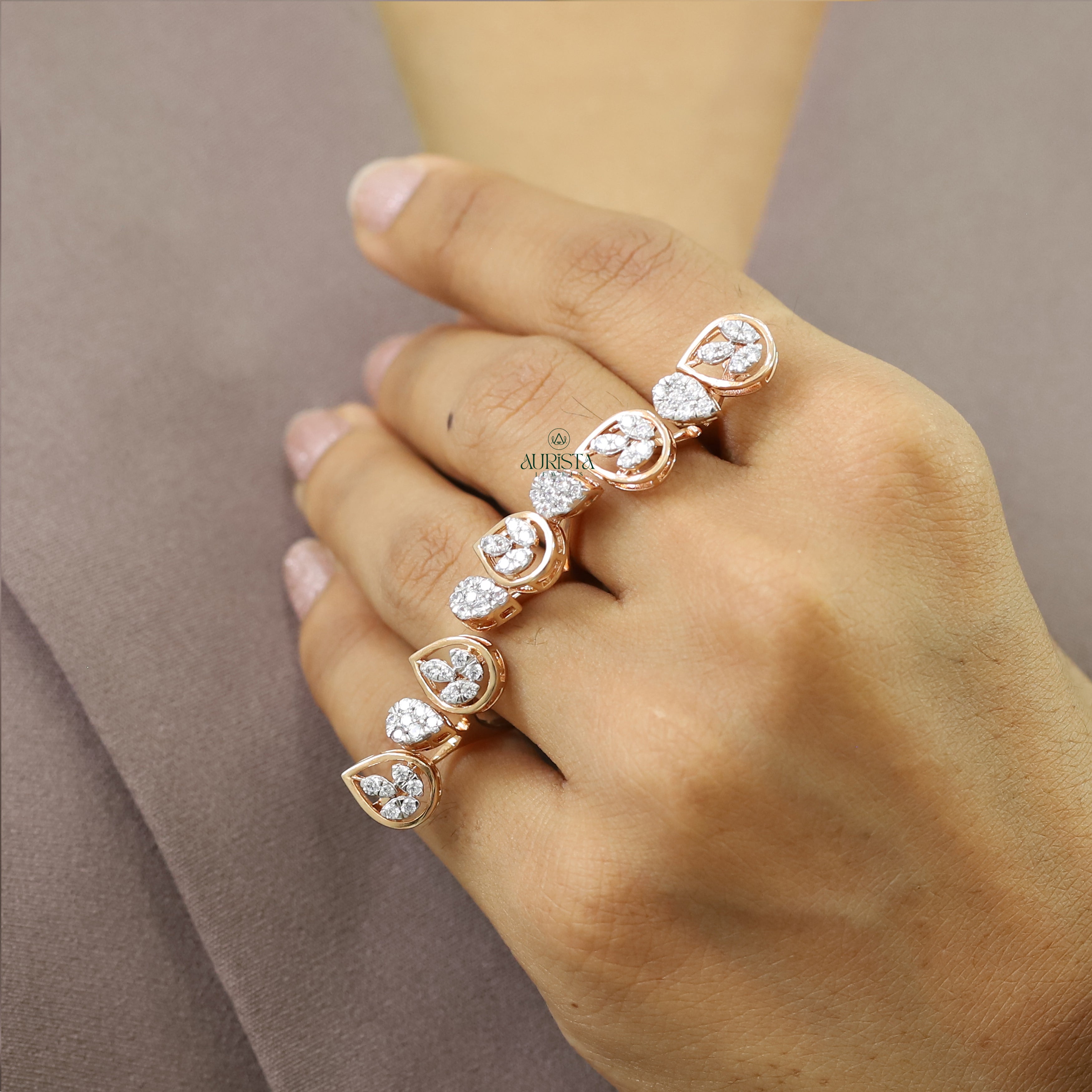 Rose Gold Multi-Finger Ring with Round Diamonds, Dainty Moissanite Statement Ring