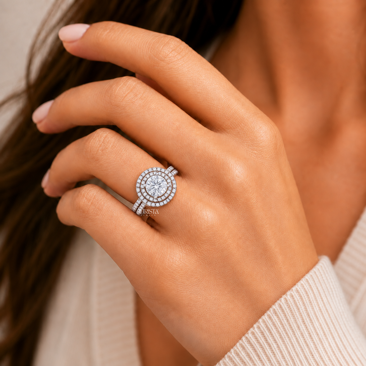 Round Cut Lab Grown Diamond Double Halo Bridal Set, 2.00 Carats, Stackable Wedding Ring