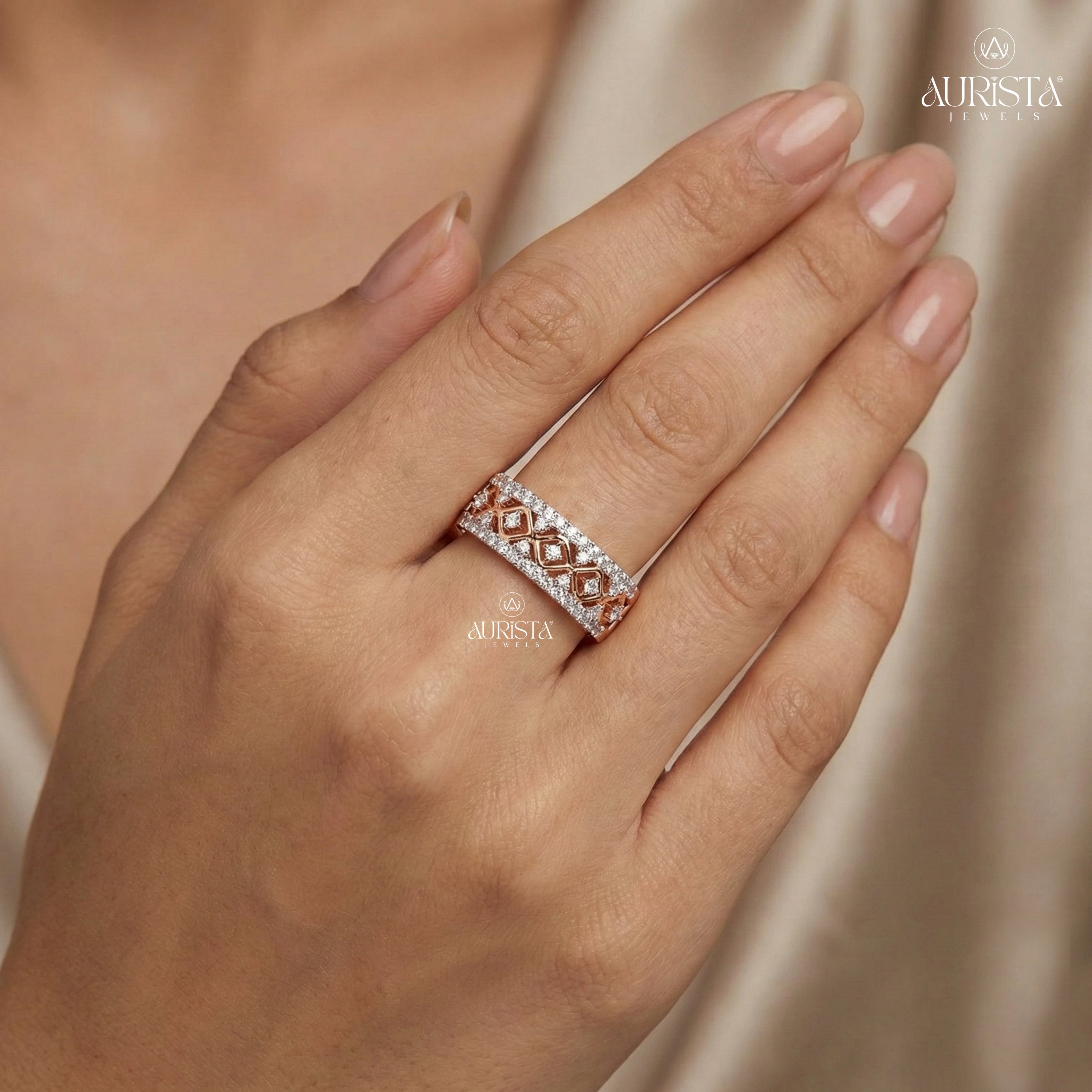Moissanite Diamond Round Cut Wide Pave Band Geometric Rose Gold Anniversary Ring Gifts