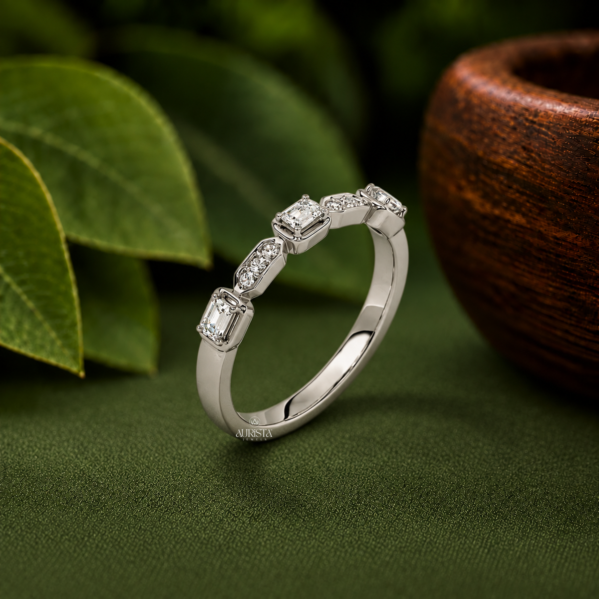 Moissanite Diamond Emerald & Round Cut Stackable Band White Gold Anniversary Ring Gift