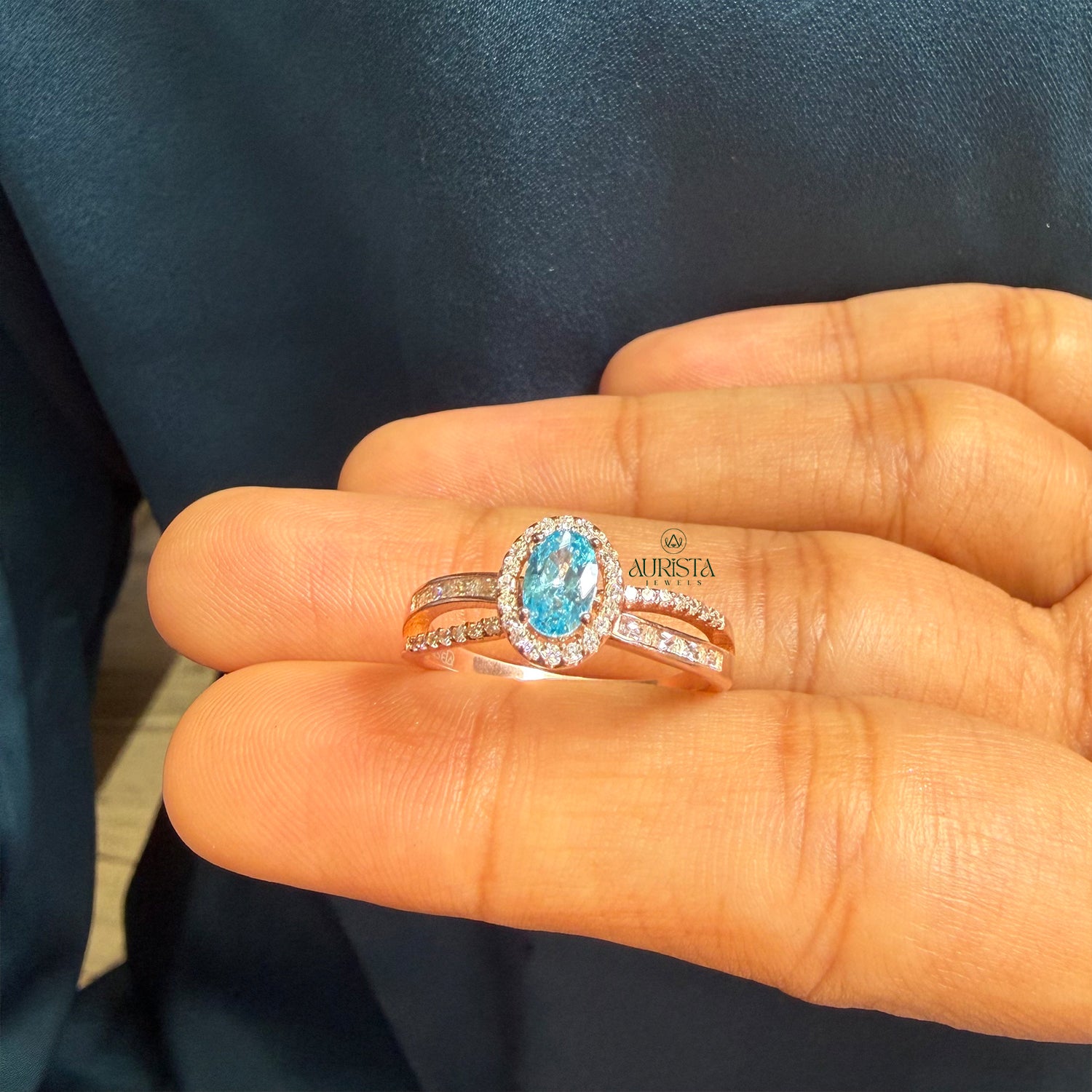 Oval Blue Moissanite Band Modern Split Shank Elegant Ring Everyday Luxury Jewelry