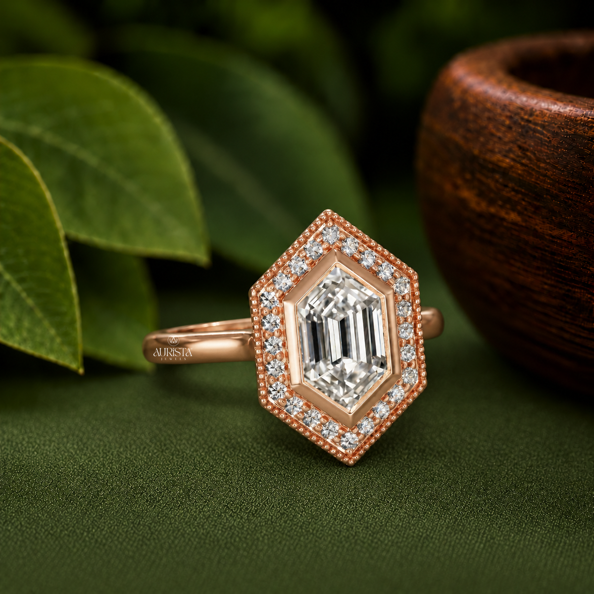 Hexagon Lab Grown Diamond Ring, Rose Gold Halo Engagement Ring With Vintage Detail