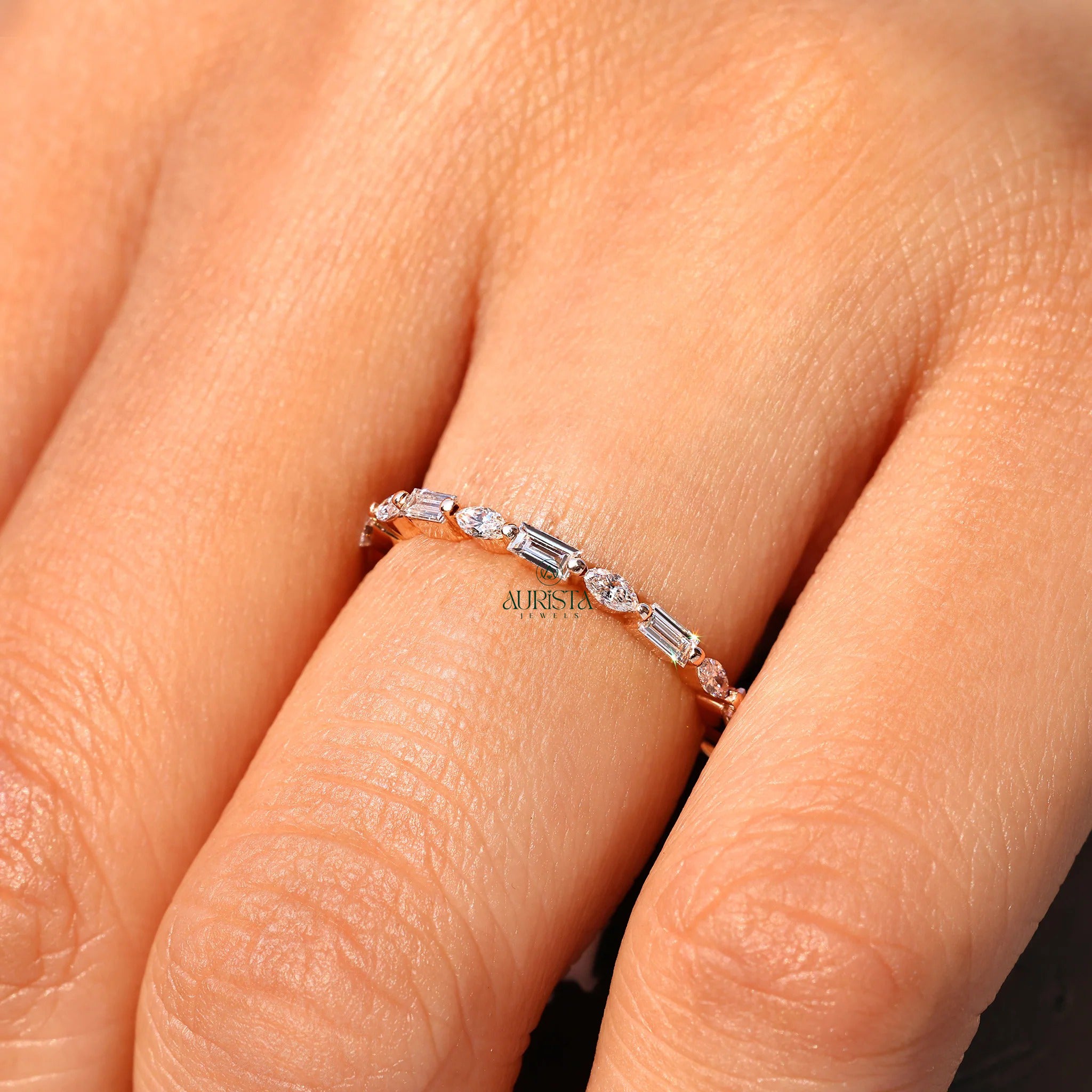 Mixed Cut Moissanite Diamond Band, Marquise & Baguette Gold Stackable Wedding Ring