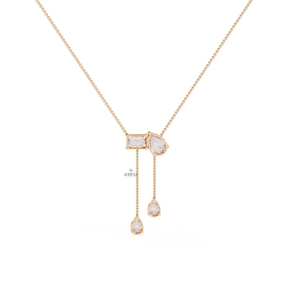 Mixed Cut Lab Grown Diamond Lariat Necklace Pear and Emerald Cut Dangle Necklace