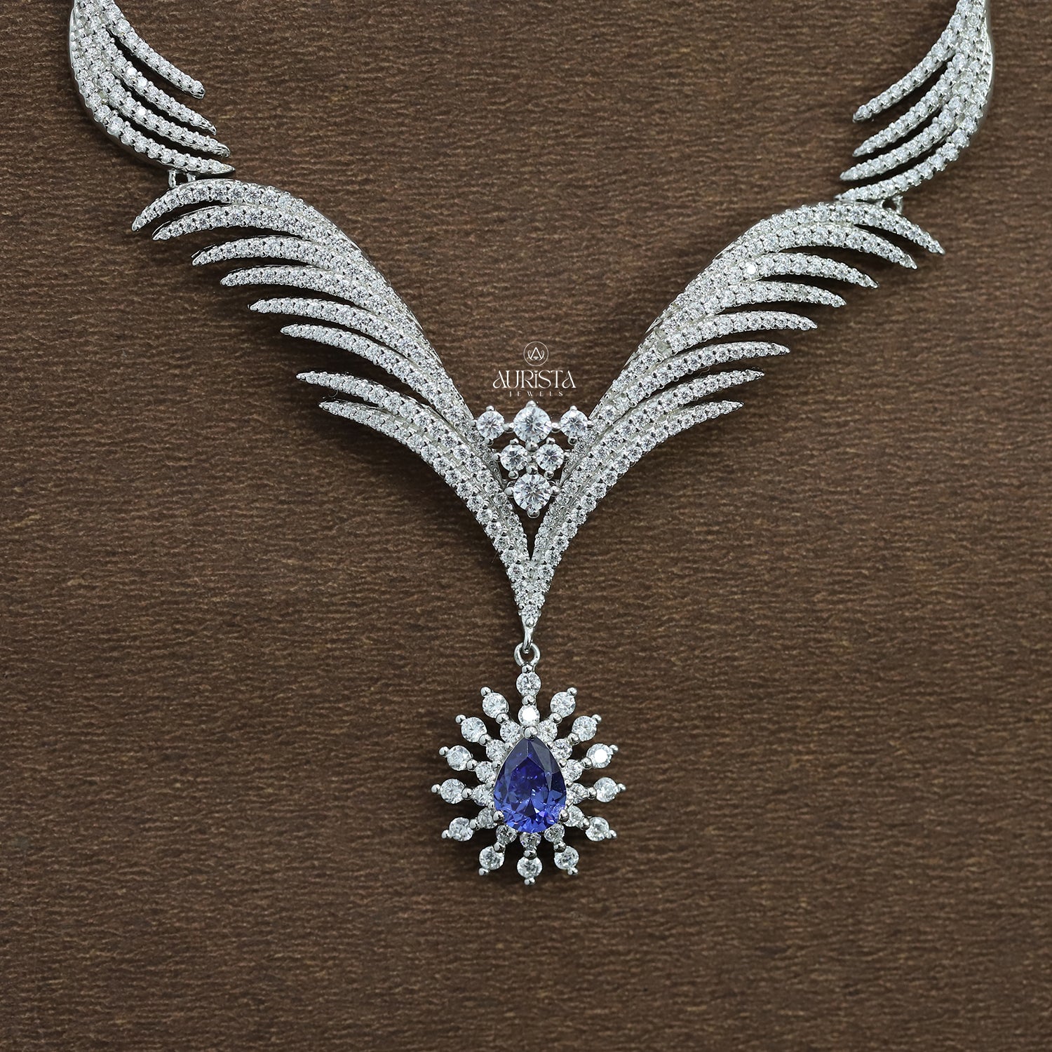 Unique Blue Pear Stone Necklace Wing Style Moissanite Statement Fine Jewelry