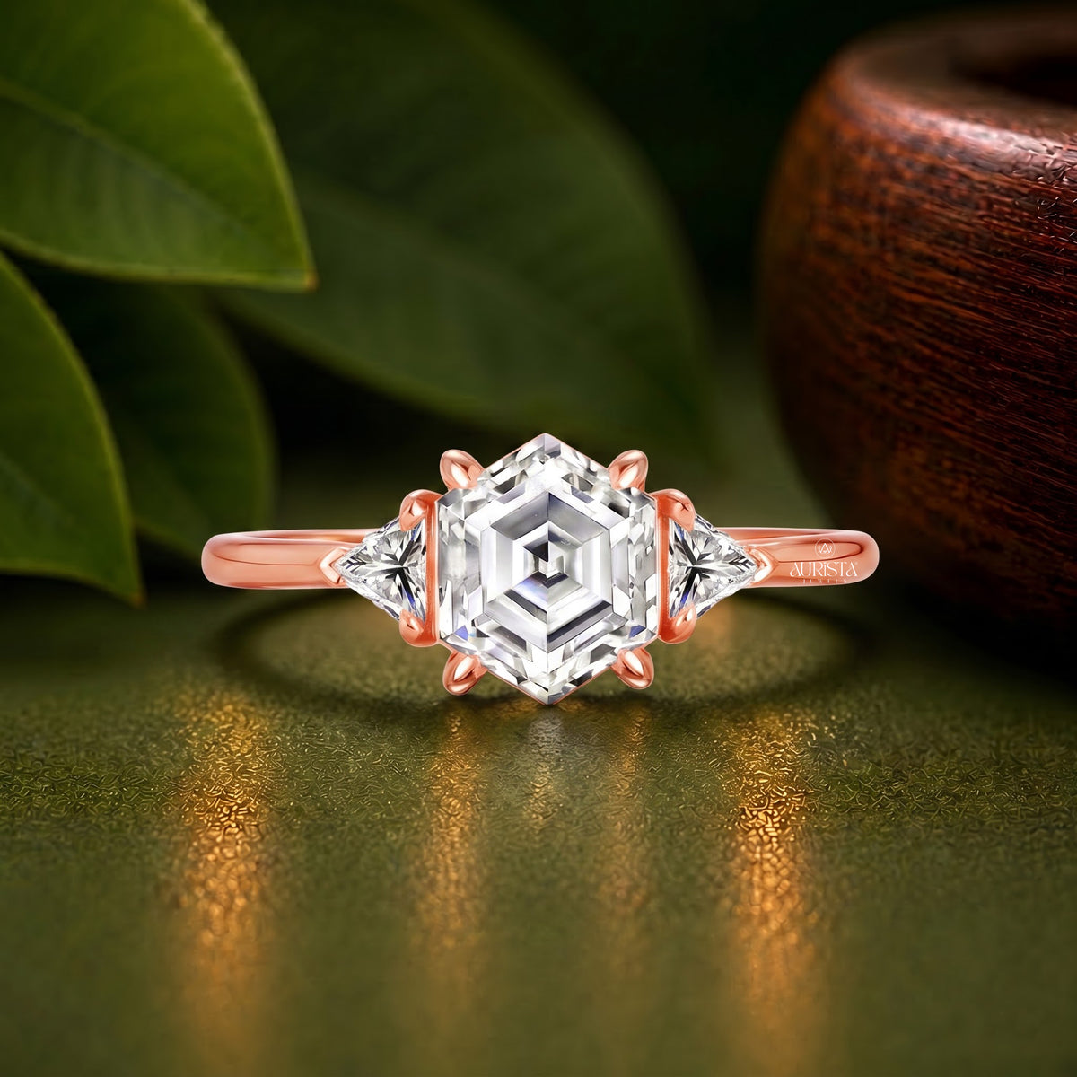 Hexagon Lab Grown Diamond Ring, Rose Gold Three Stone Ring With Trillion Side Stones
