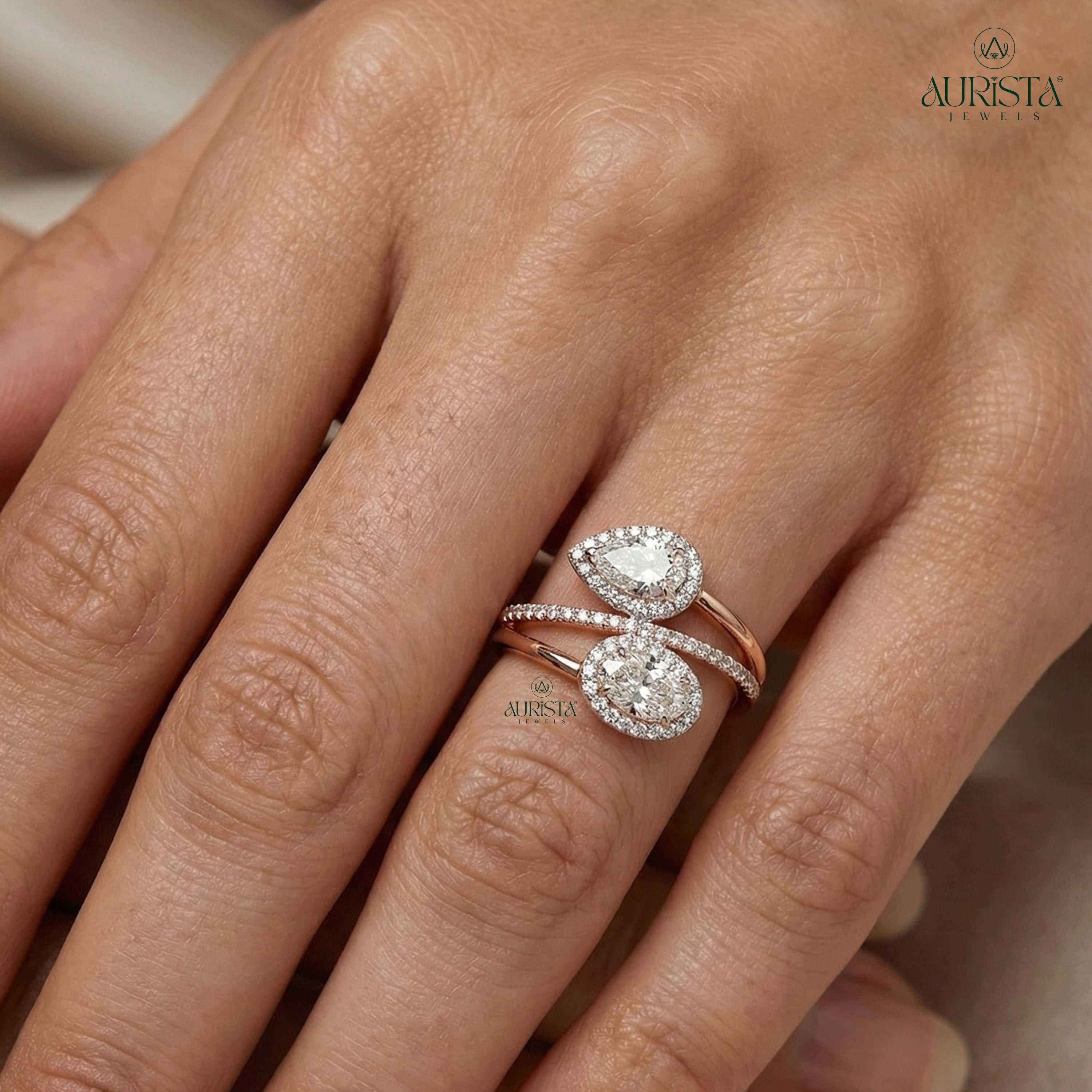 Forever Gleam – Rose Gold Band with Round and Pear Diamond