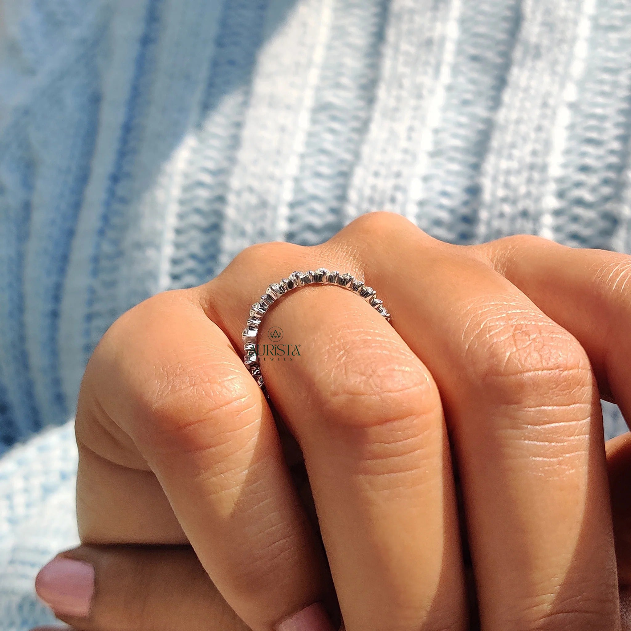 Round Cut Moissanite Diamond Eternity Band Minimalist Stackable Wedding Ring Band