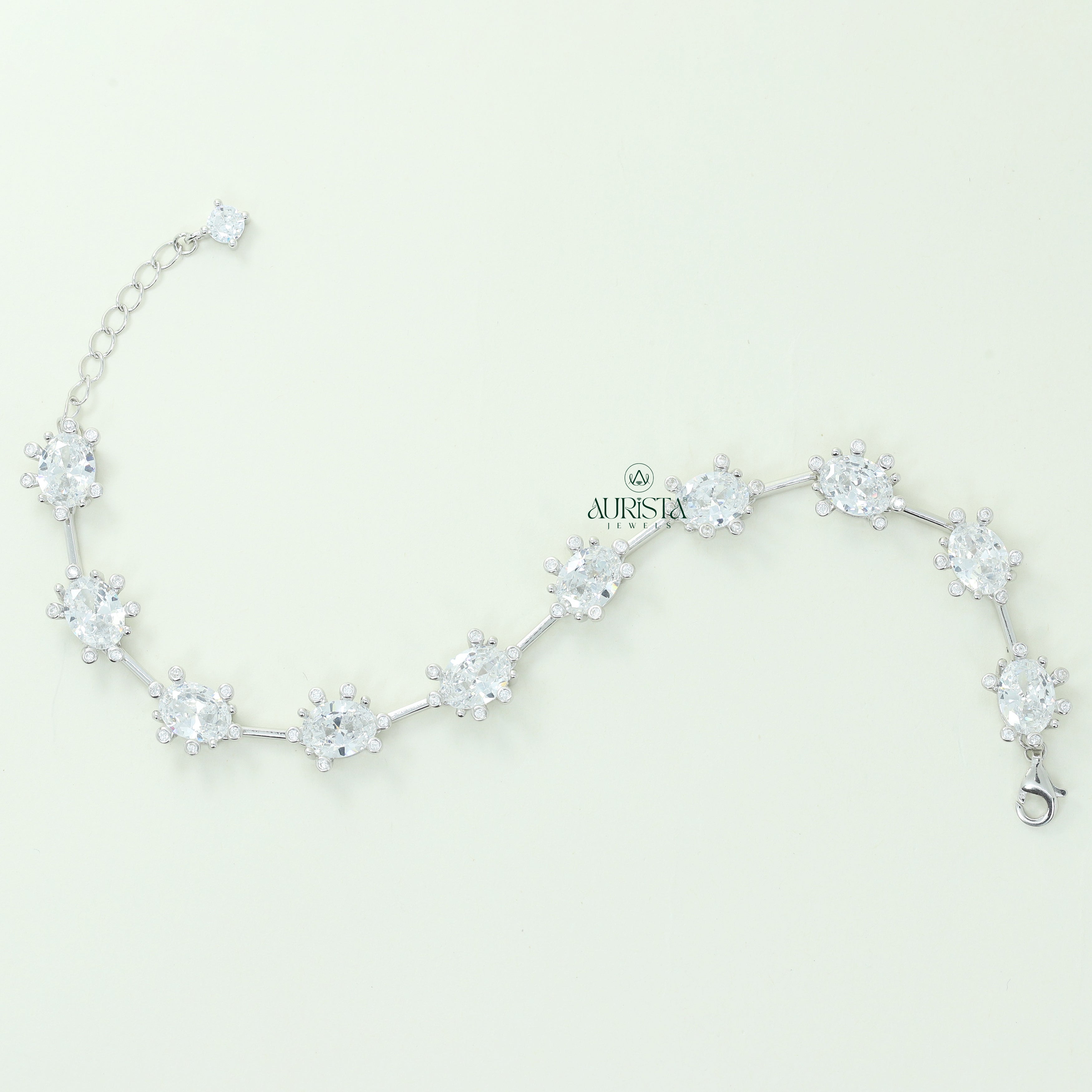 Elegant Moissanite Oval Station Bracelet, Dainty White Stone Link Bracelet