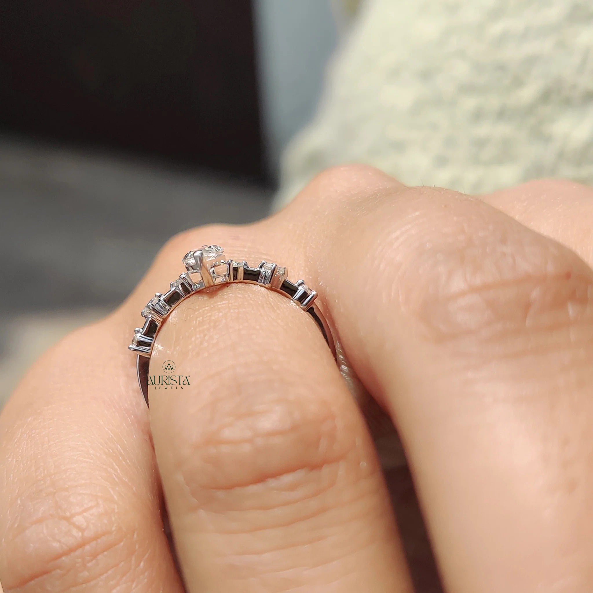Marquise Moissanite Engagement Ring with Diamond Side Stones in White Gold Band