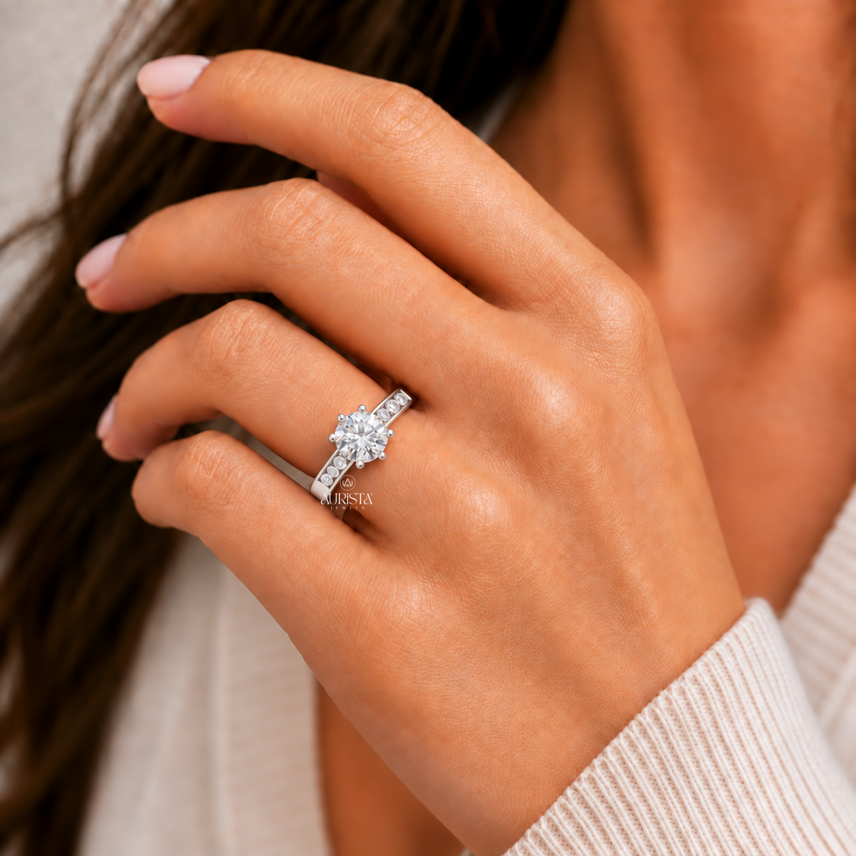 Round Cut Lab Grown Diamond Engagement Ring, 6 Prong Solitaire Ring With Side Stones