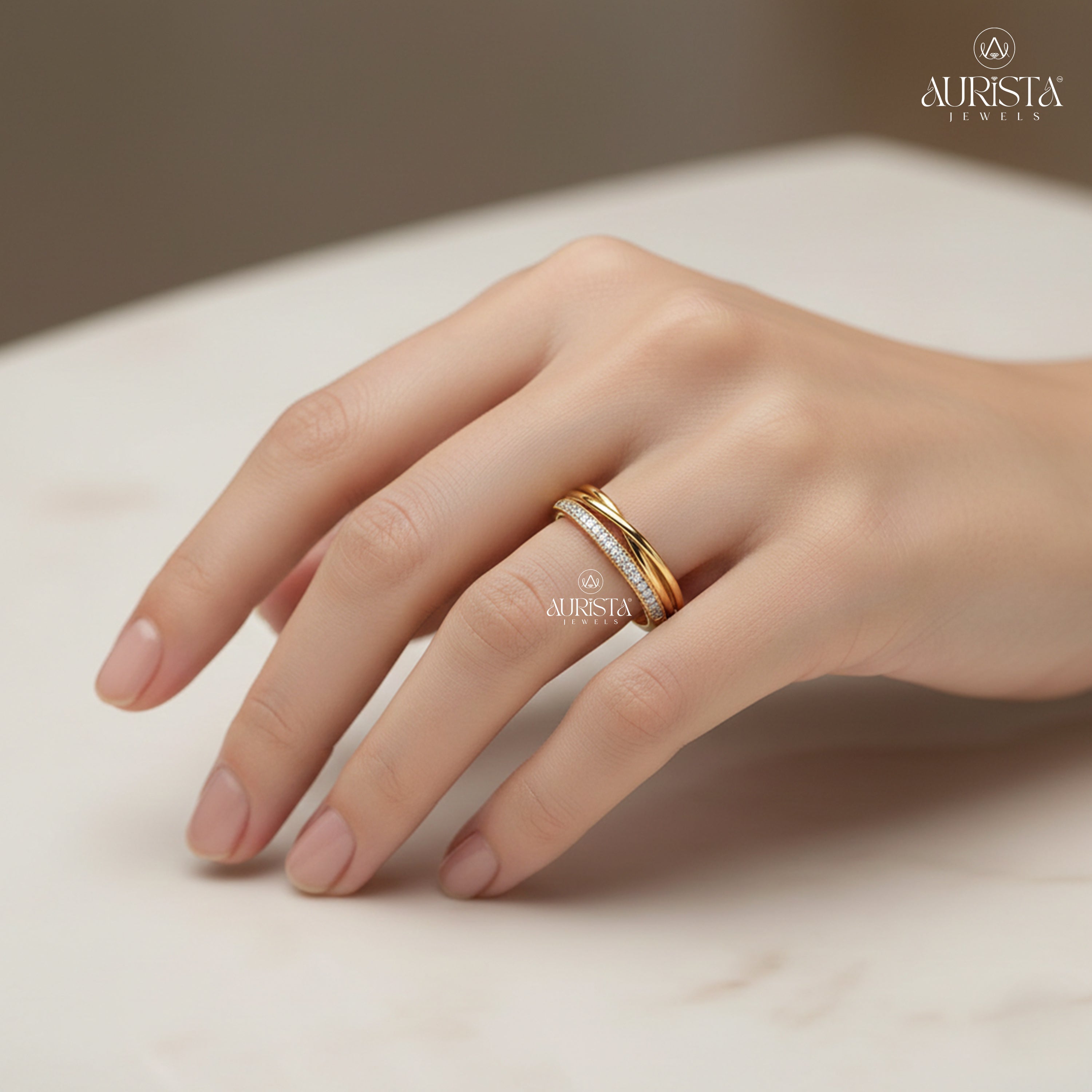Moissanite Diamond Round Cut Interlocking Yellow Gold Anniversary Band Ring Gift Women