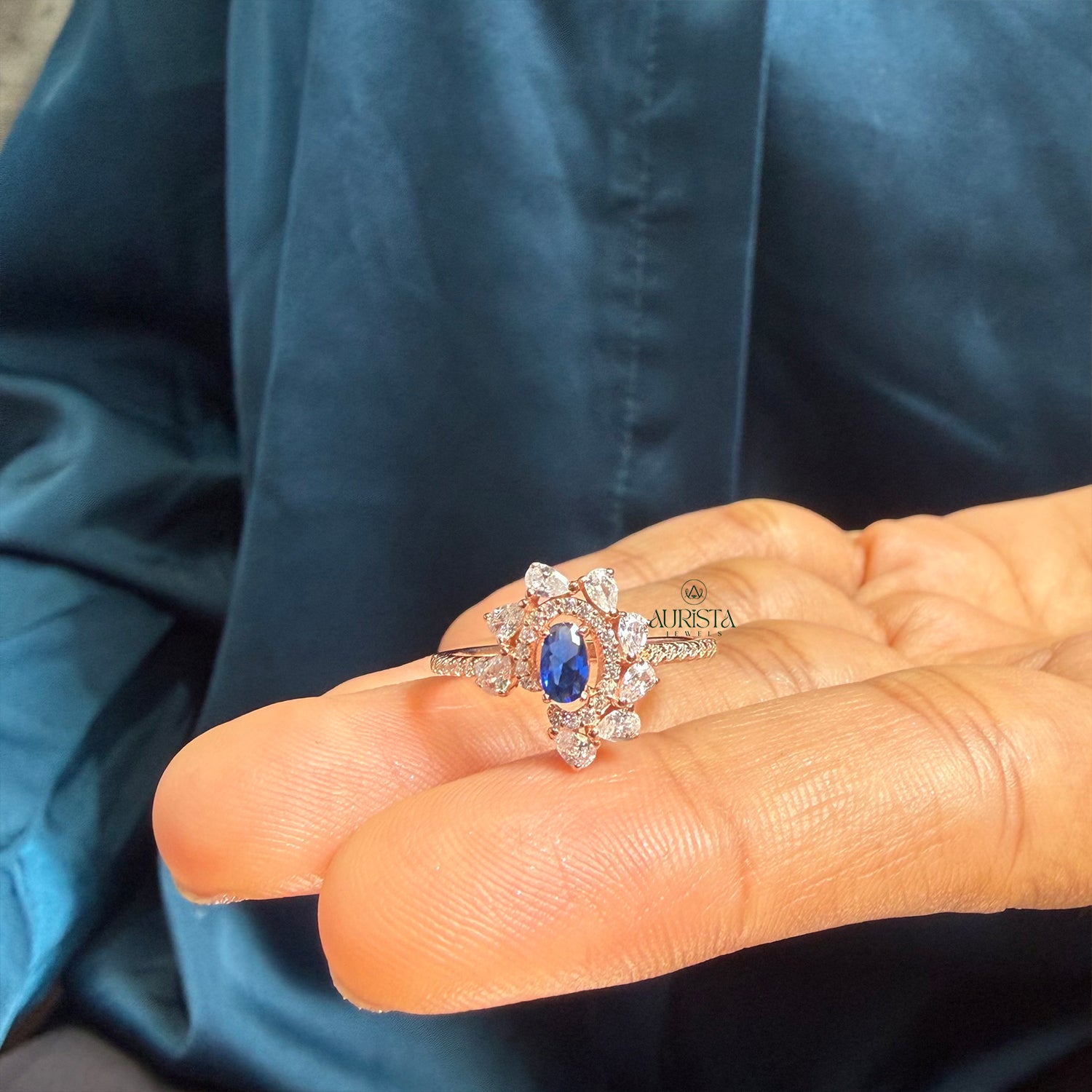 Blue Oval Cluster Ring Floral Design Luxury Moissanite Wedding Statement Jewelry