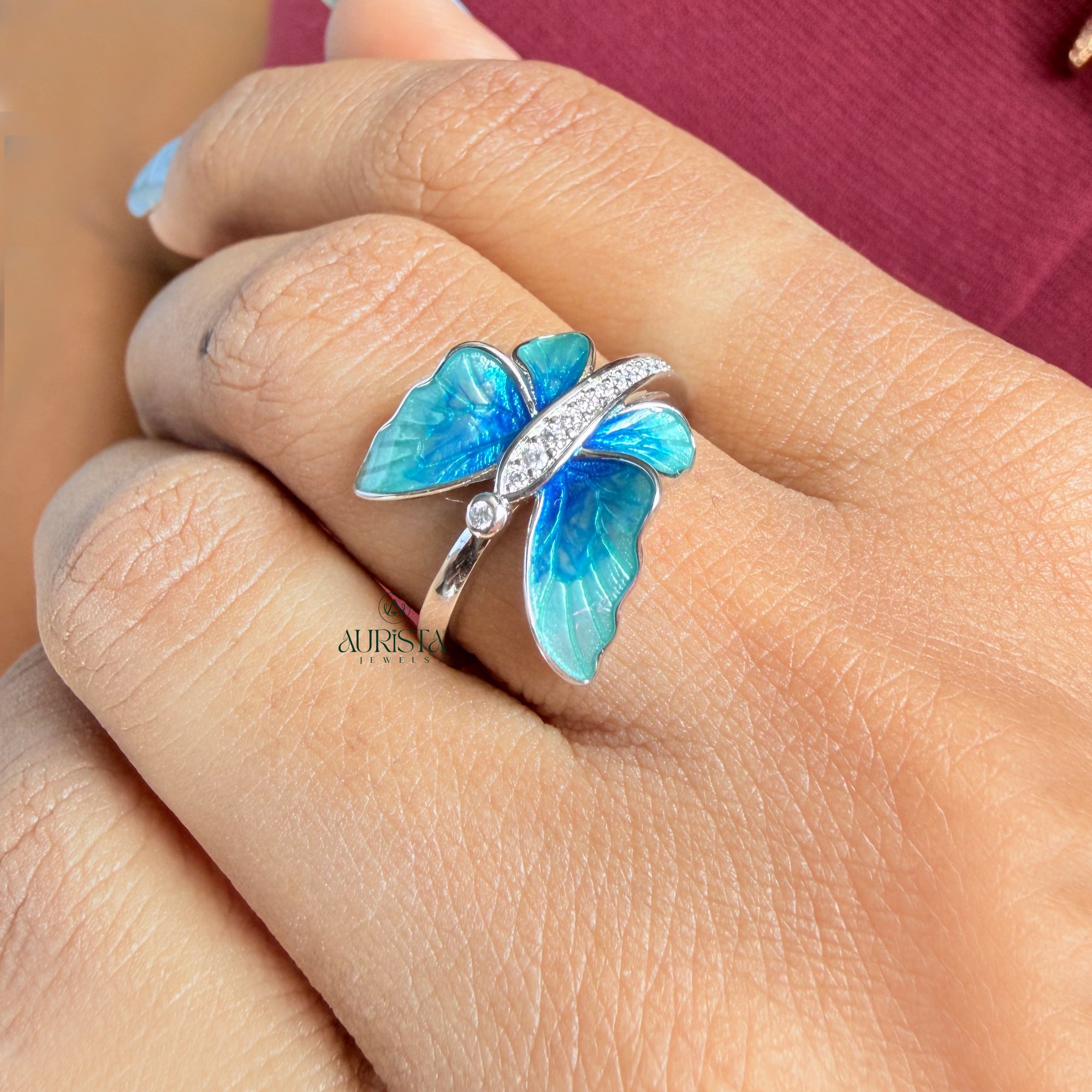 Blue Butterfly Moissanite Ring Round Cut Enamel Statement Animal Ring For Women
