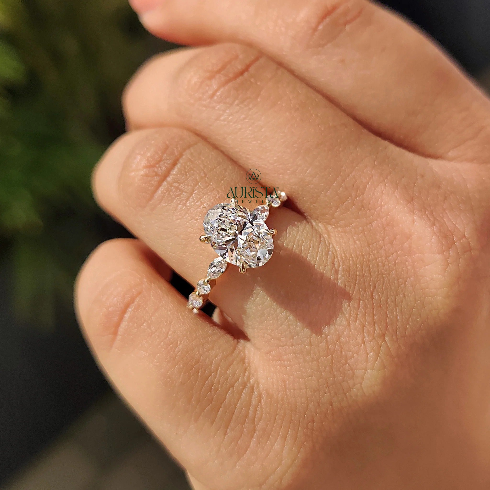 Lunaria Oval Cut Diamond Ring with Leaf Inspired Sparkle