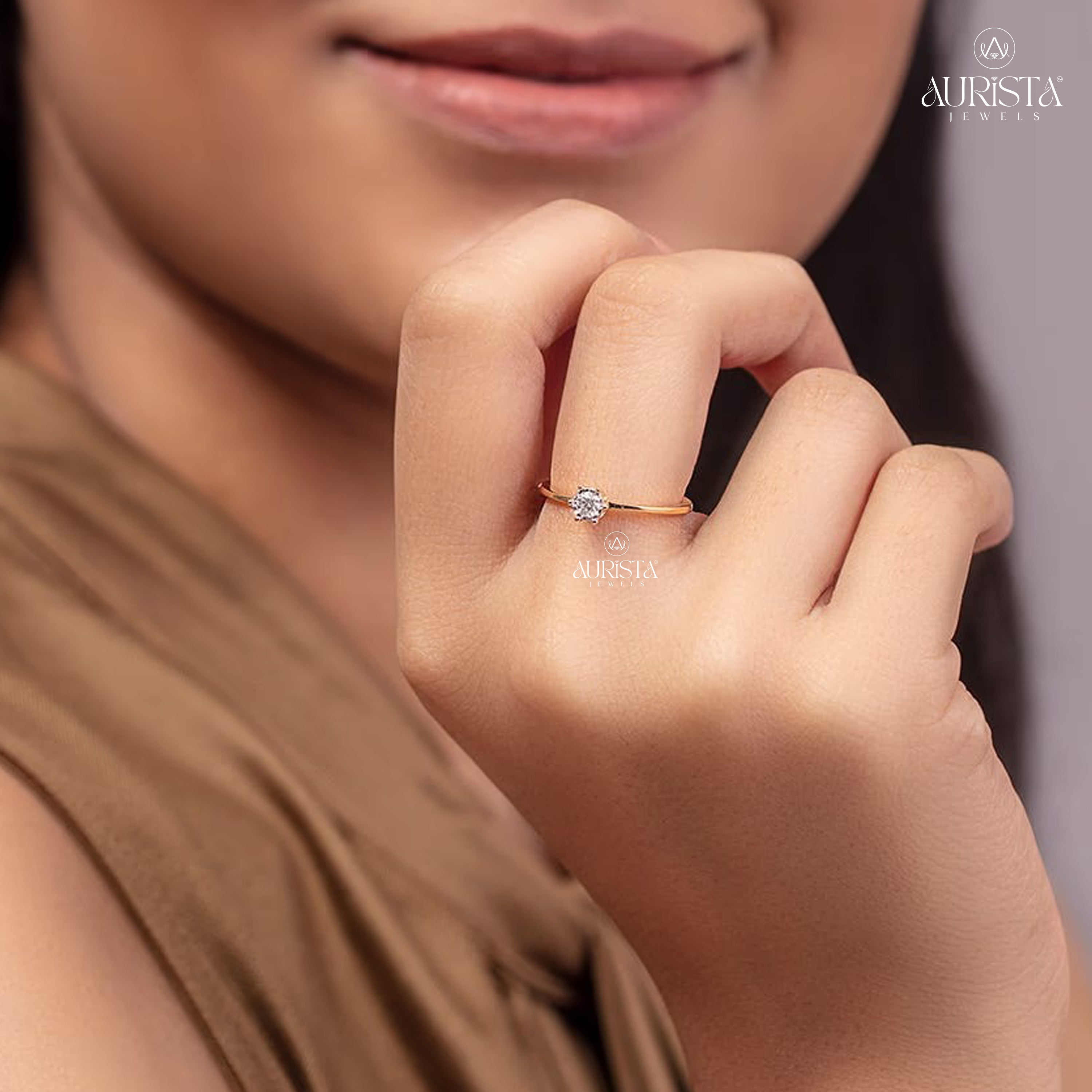 Moissanite Diamond Round Solitaire Engagement Ring Yellow Gold Minimalist Promise