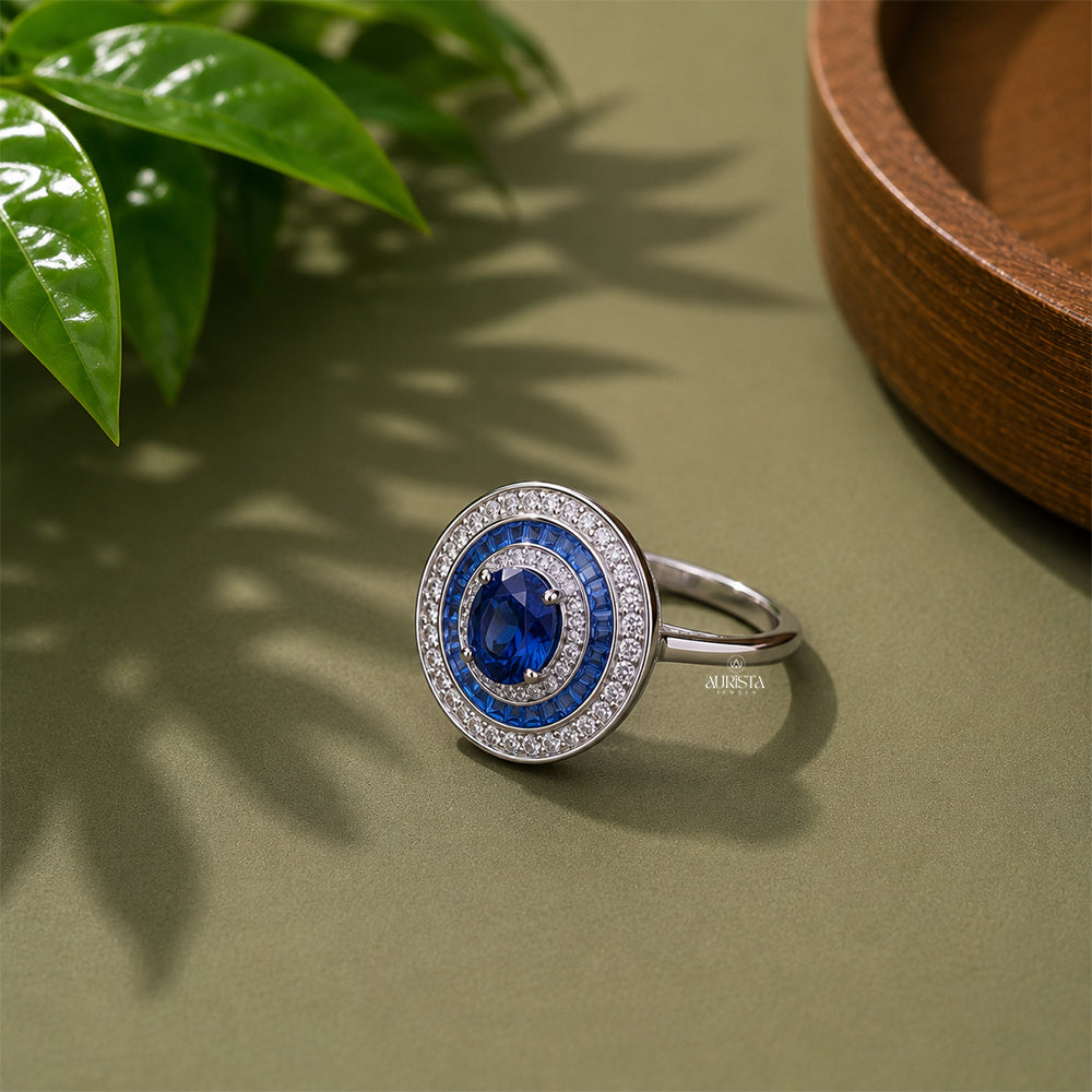 Oval Blue Moissanite Halo Ring, Sterling Silver Statement Ring, Cocktail Ring Gift
