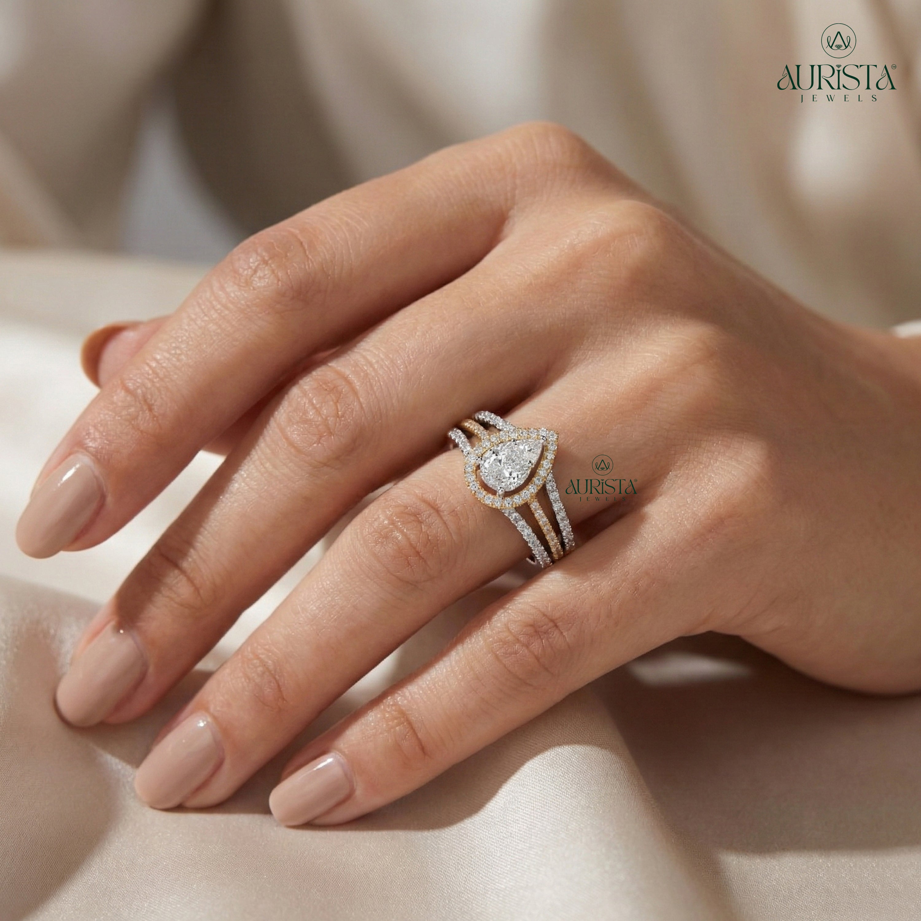Pear Moissanite Diamond Ring With Round Side Stones Two Tone Gold Halo Engagement Ring