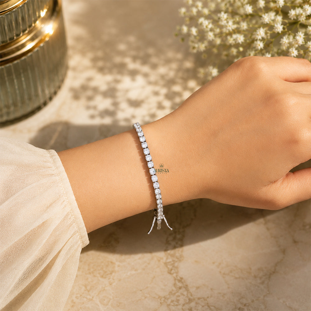 Moissanite Round Tennis Bracelet, Luxury Silver Statement Jewelry, Bridal Gift for Her