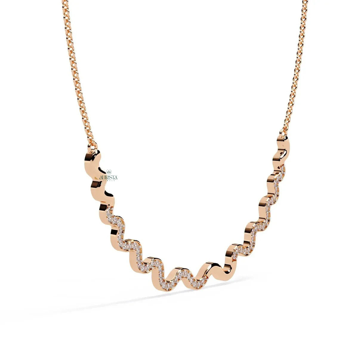 Gold Wave Necklace Lab Grown Diamond Zigzag Minimalist Statement Dainty Chain Jewelry