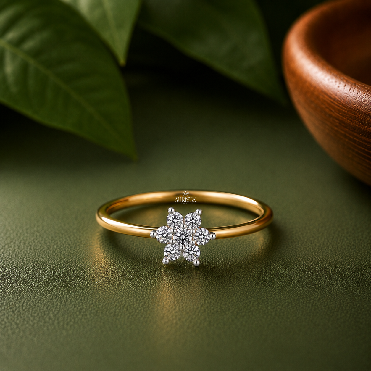 Lab Grown Diamond Gold Cluster Ring Floral Band Dainty Stacking Ring Sweet Chic