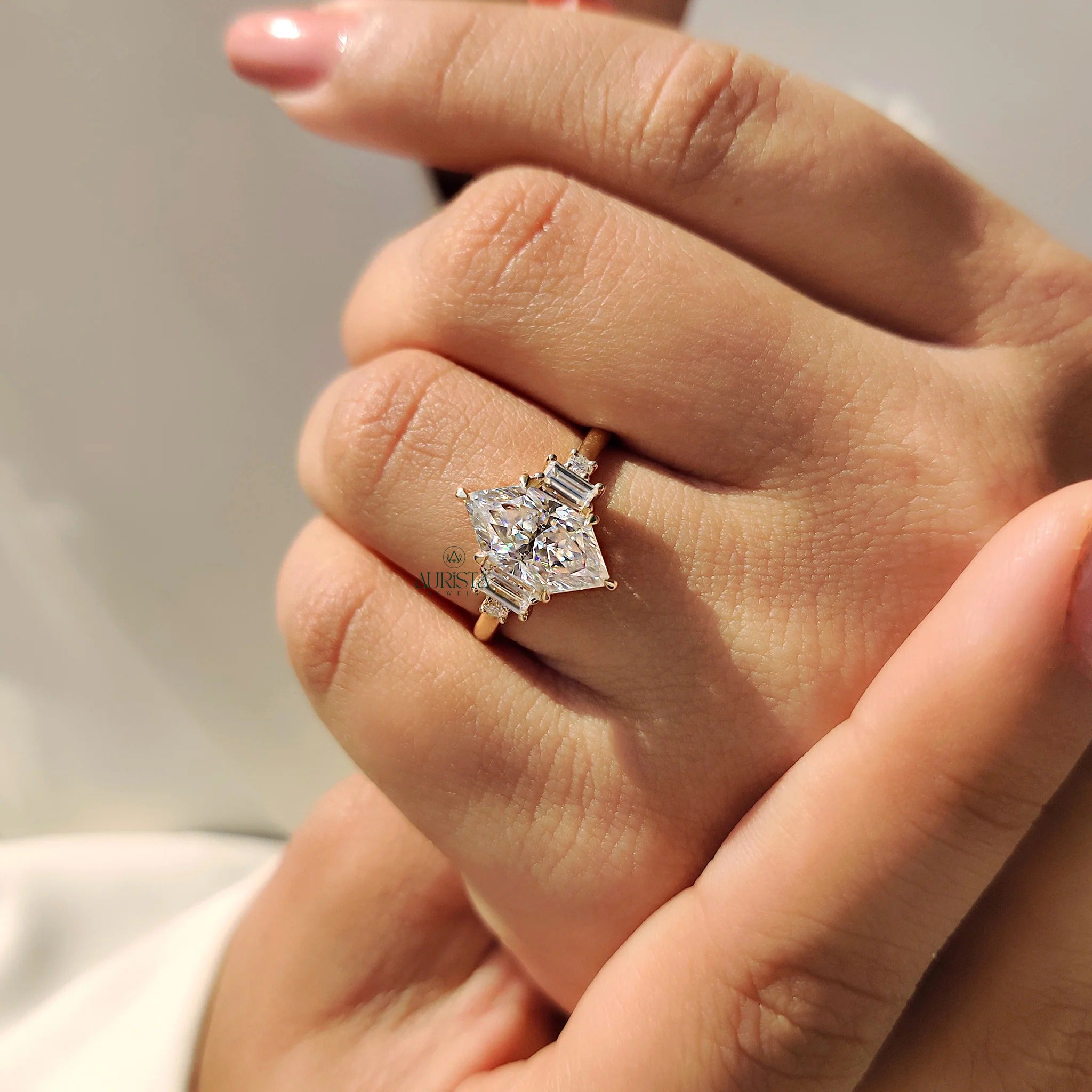 Marquise Moissanite in Diamond Baguette Yellow Gold Art Deco Engagement Ring