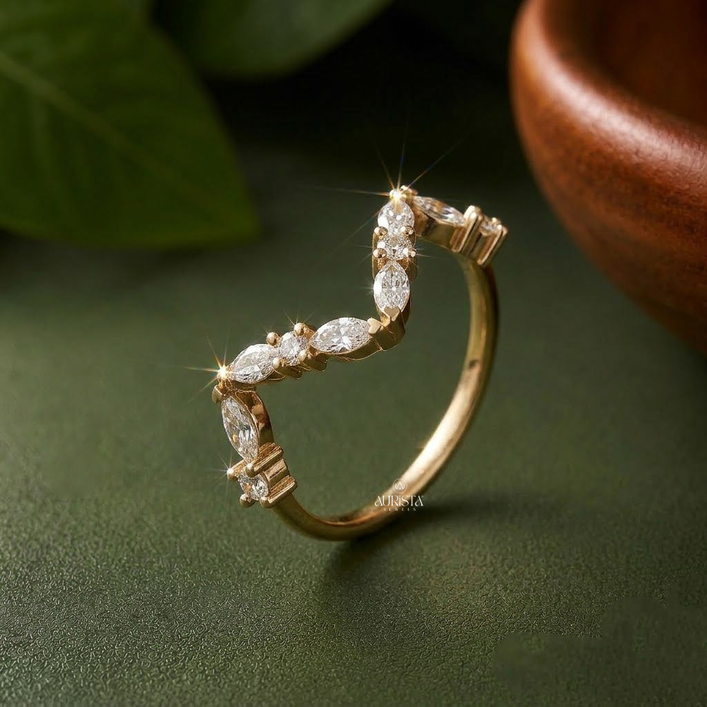 Lab Grown Diamond Gold Curved Ring V Shaped Wedding Band Contour Stacking Ring