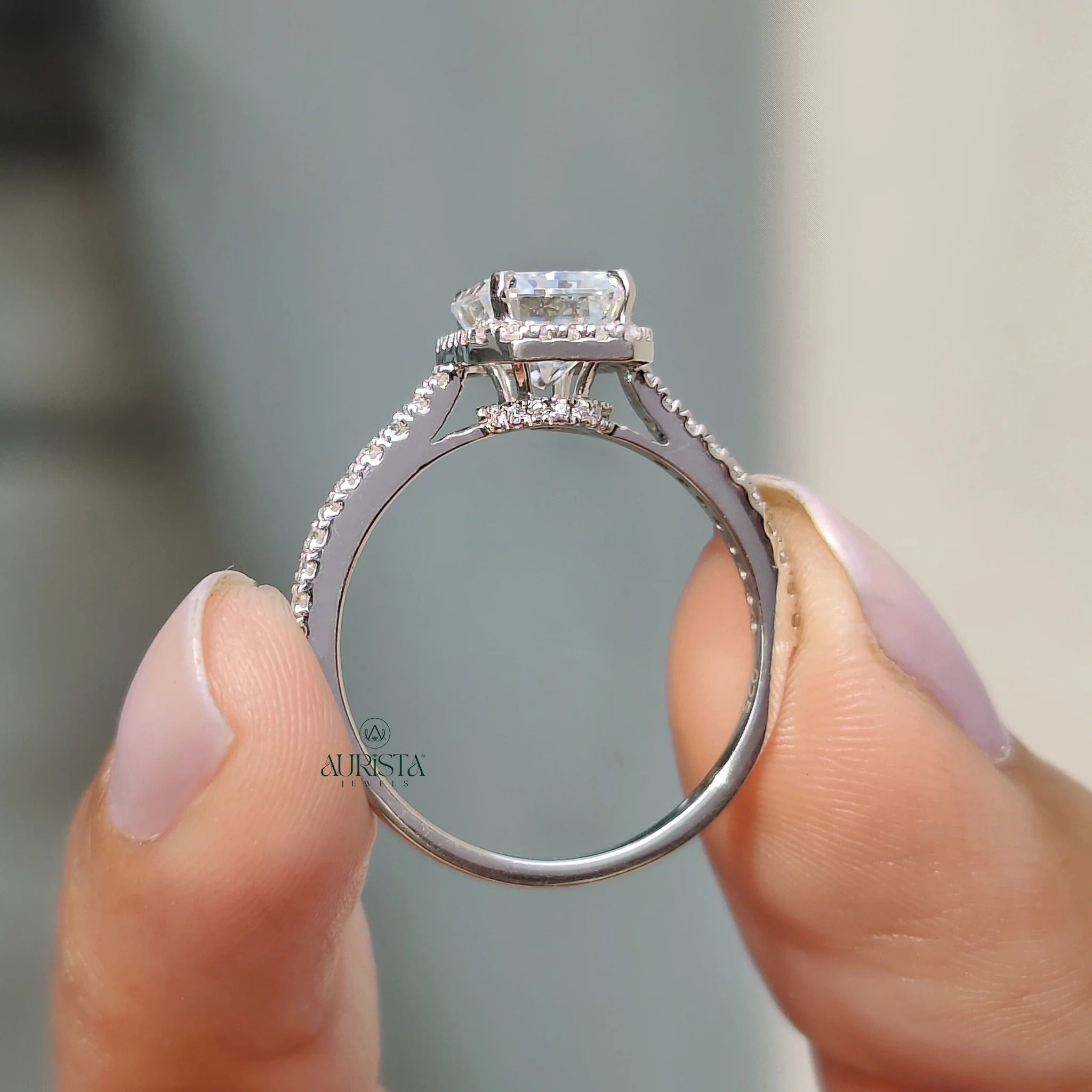 Radiant Cut Moissanite Halo Engagement Ring with Diamond Pave Band