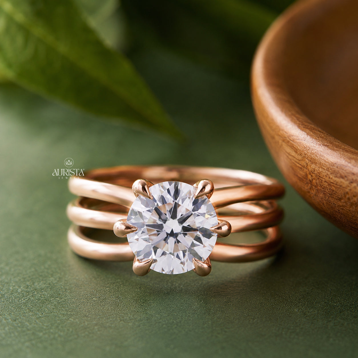 Round Cut Lab Grown Diamond Engagement Ring, Multi-Band Rose Gold Wedding Ring