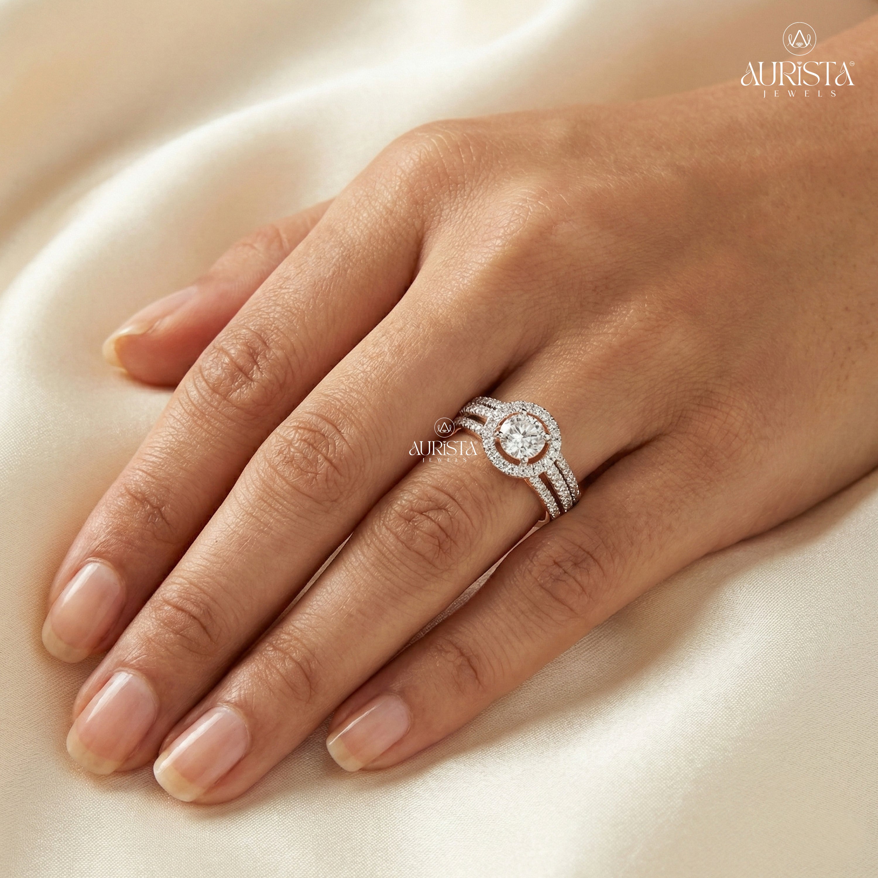 Moissanite Diamond Round Halo Split Shank Rose Gold Engagement Ring with Pave Diamonds