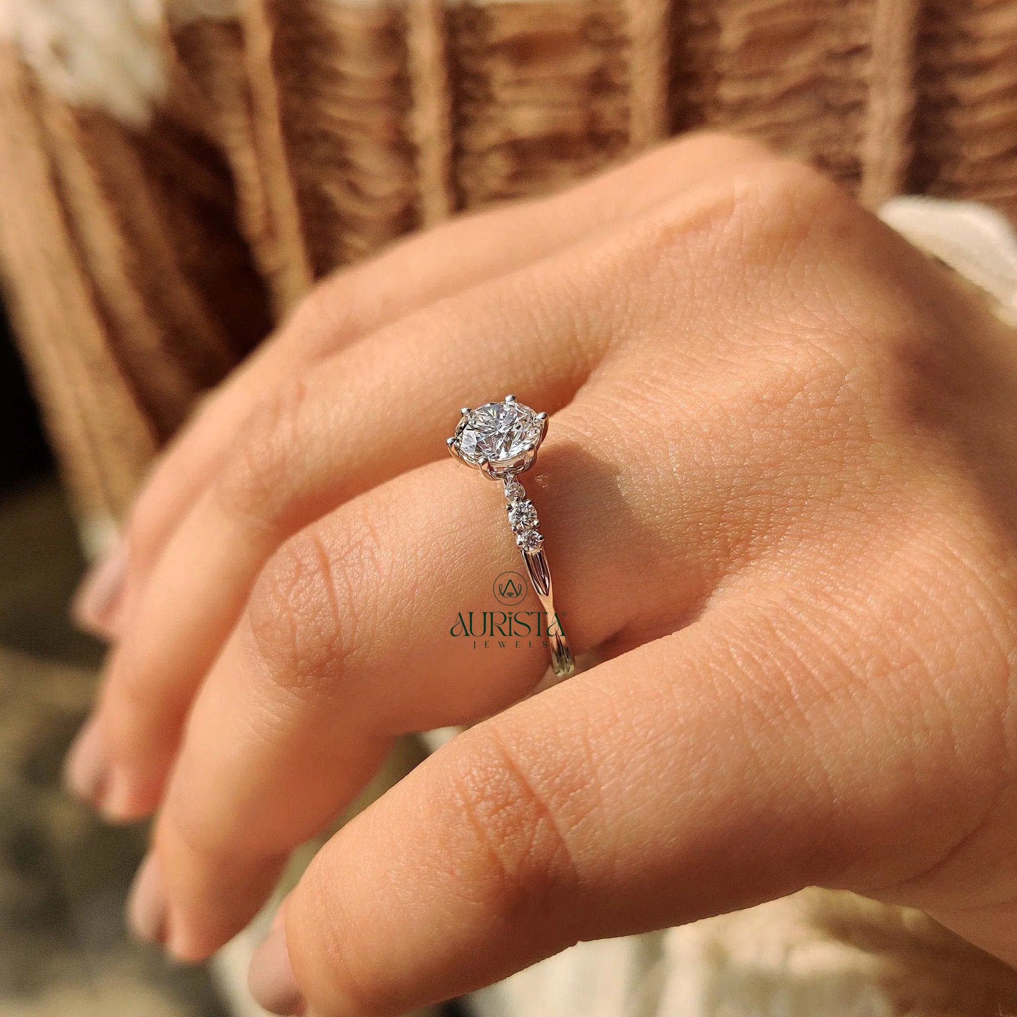 Round Brilliant Cut Diamond Ring with 6-Prong Accent Band