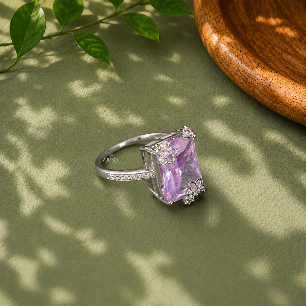 Emerald Cut Purple Gemstone Ring Solitaire Moissanite Engagement Ring Silver Statement
