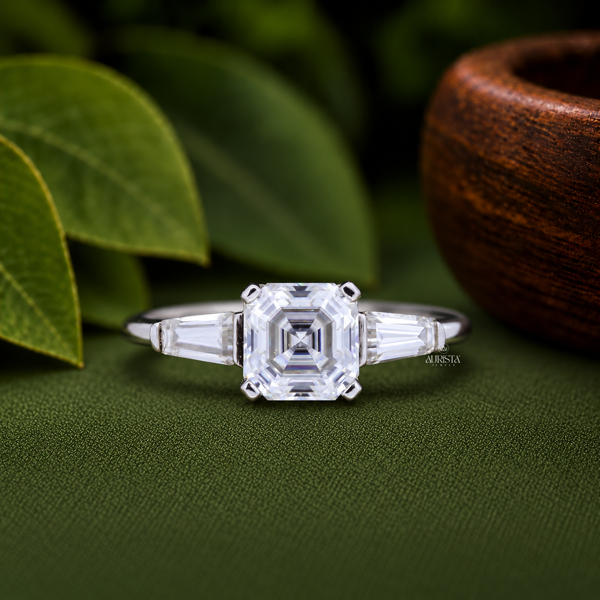 Asscher Cut Lab Grown Diamond Engagement Ring, Three Stone Tapered Baguette Ring