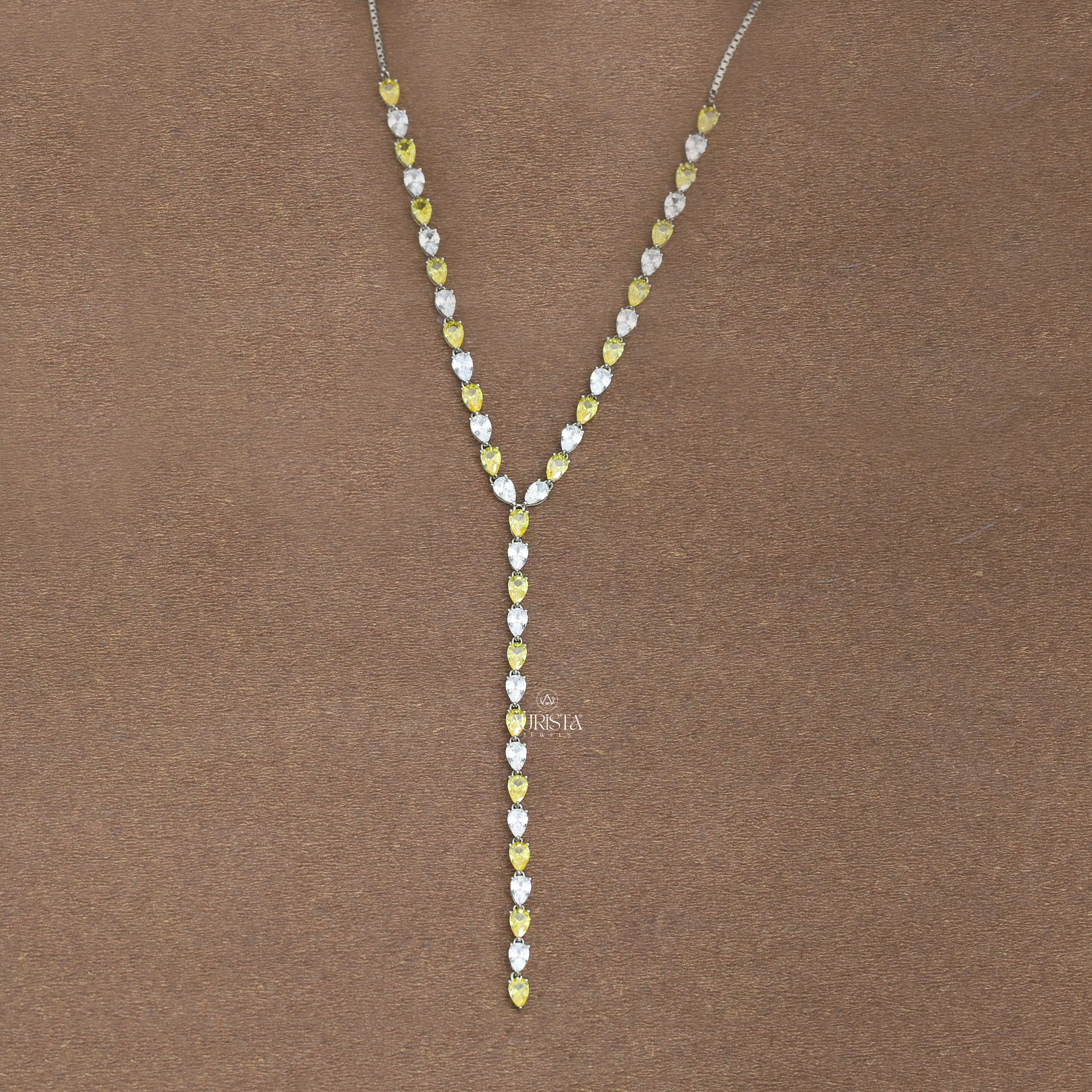 Moissanite Y-Necklace, Pear Cut Yellow & White Stone Drop Necklace