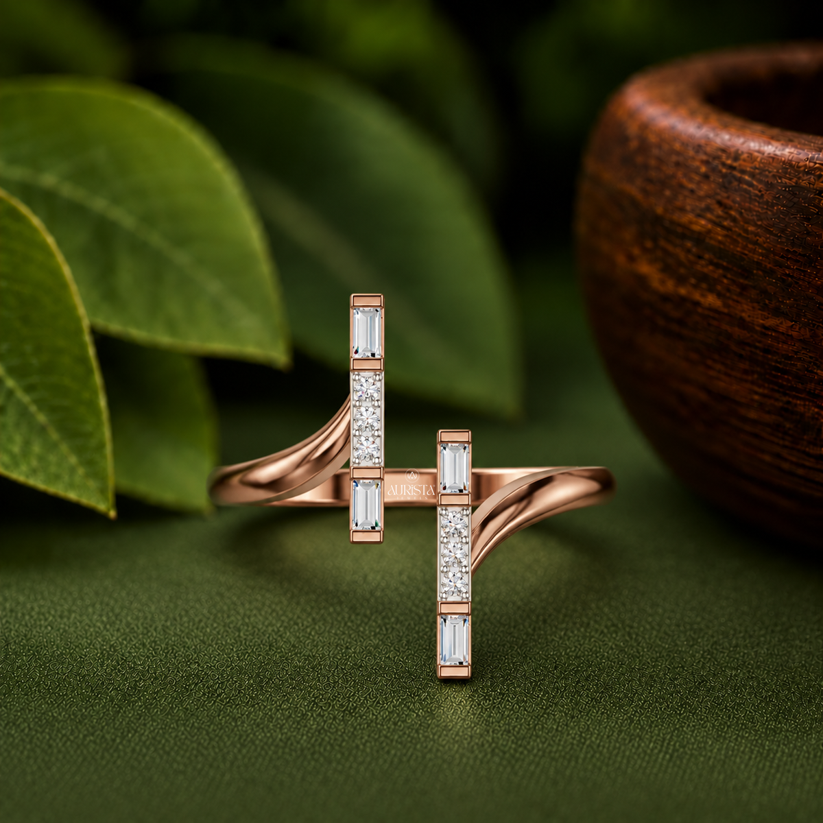 Baguette & Round Bypass Ring Moissanite in Diamond Statement Fine Jewelry