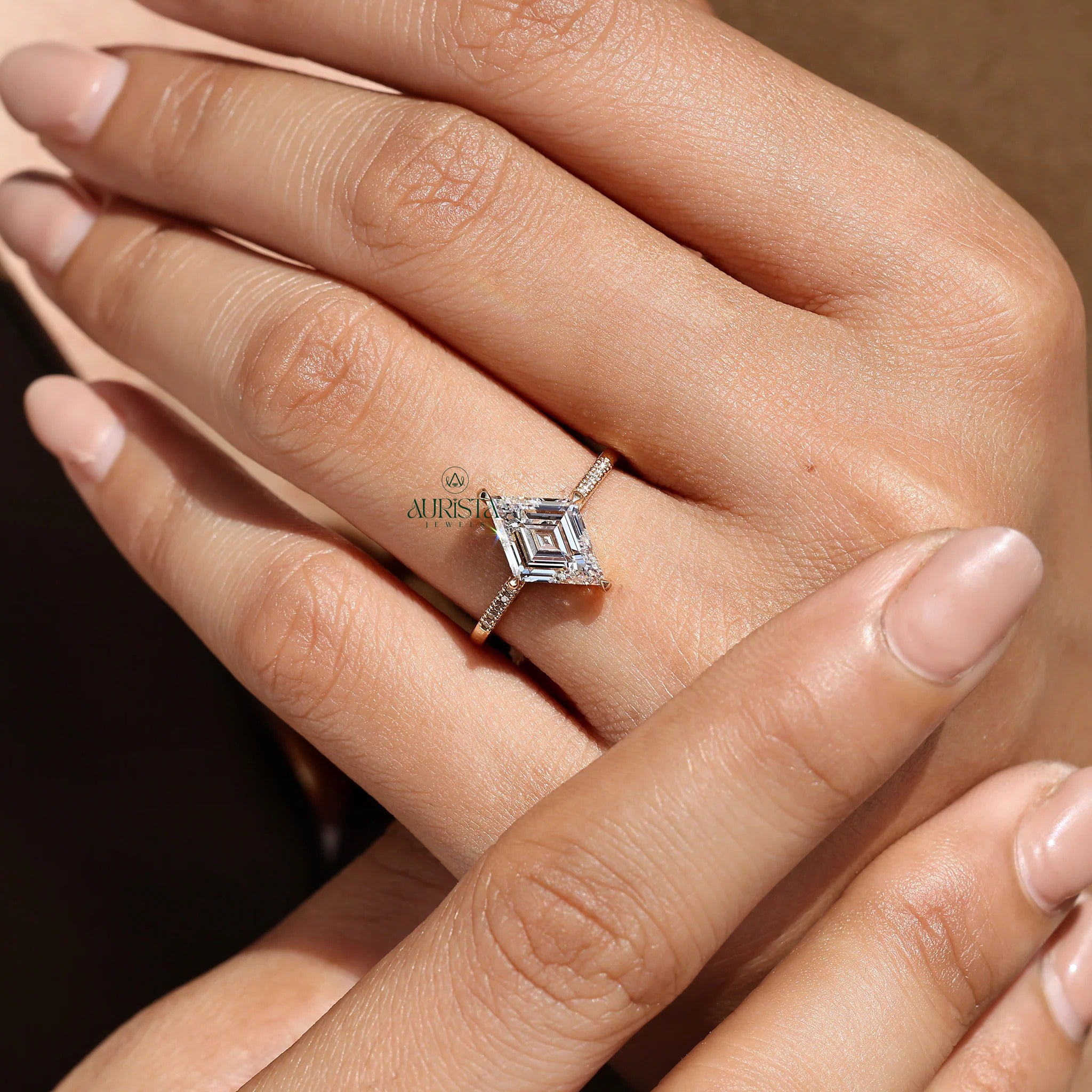 Kite Shaped Step Cut Moissanite Diamond Bridal Ring, Pave Band Stackable Wedding Rings